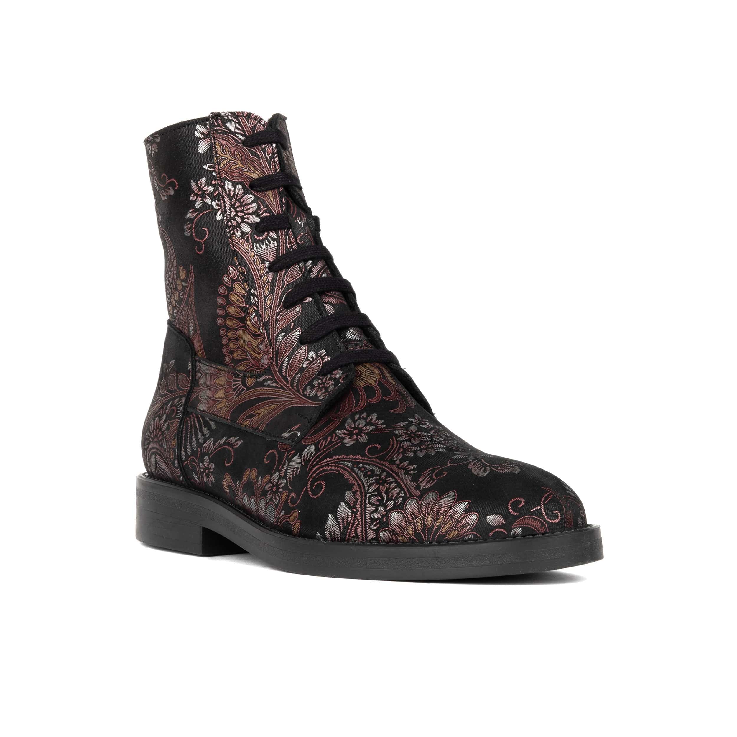 Didi Wool - Black & Burgundy - Women's leather lace-up and zip-up round toe combat boot