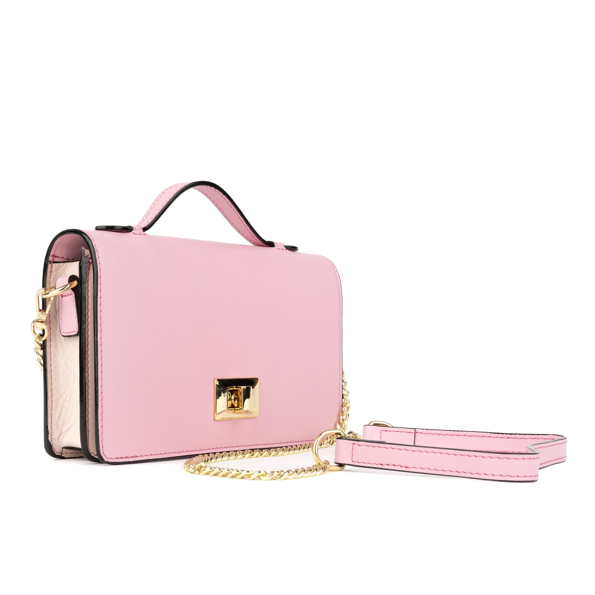 Envy - Pink & Pink - Women's leather flap clutch bag with strap