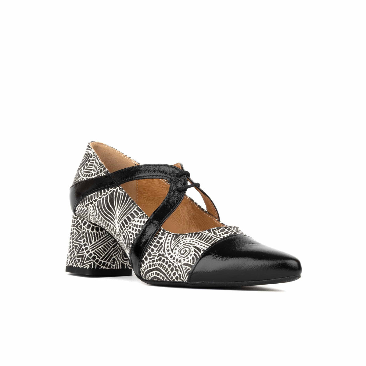 Harlowe High - Black & White & Graphic Print - Women's leather block heel pumps