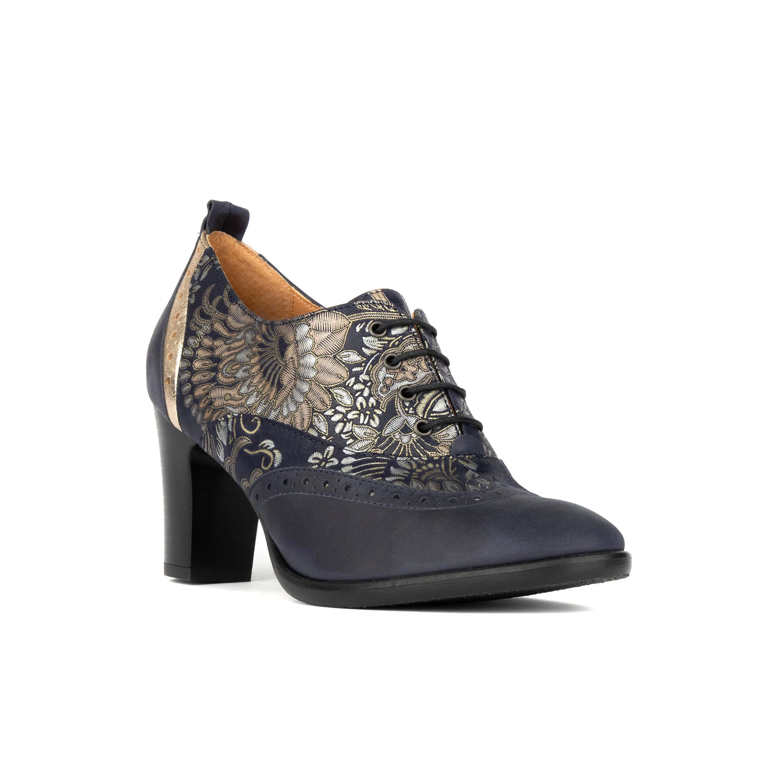 Casino - Blue & Silver Paisley - Women's leather pump in 3 inch heel with brogue details