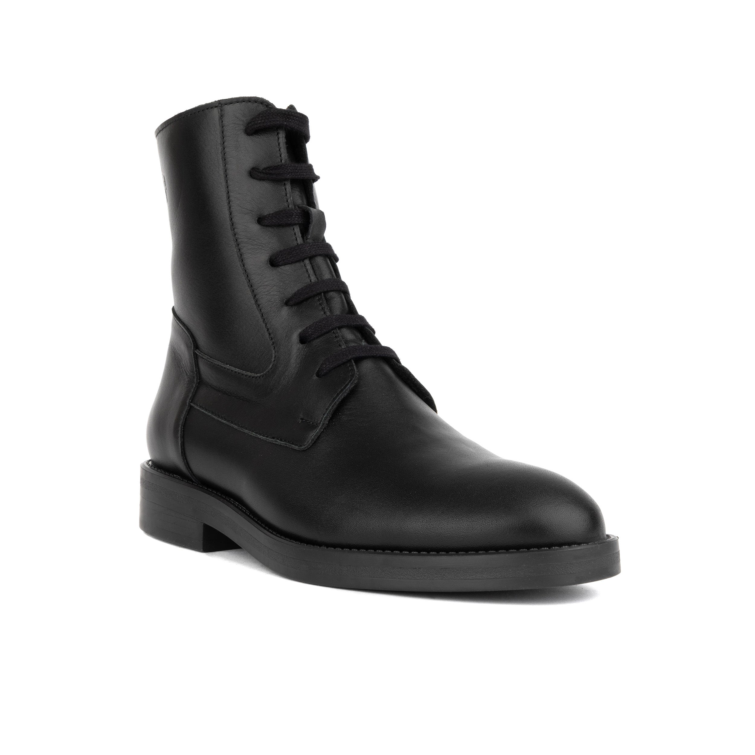 Didi Wool - Black - Women's leather lace-up and zip-up round toe combat boot