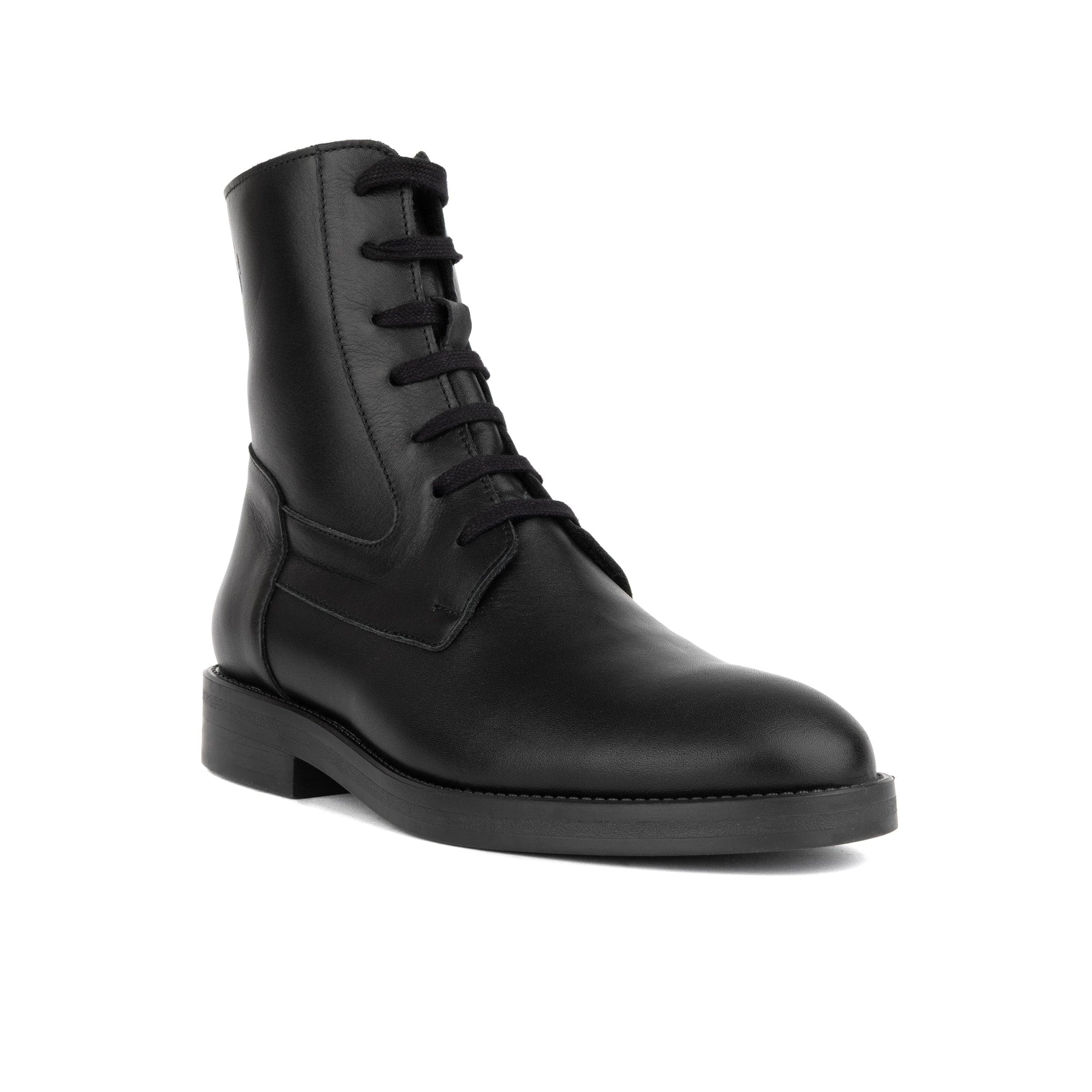 Didi Wool - Black - Women's leather lace-up and zip-up round toe combat boot