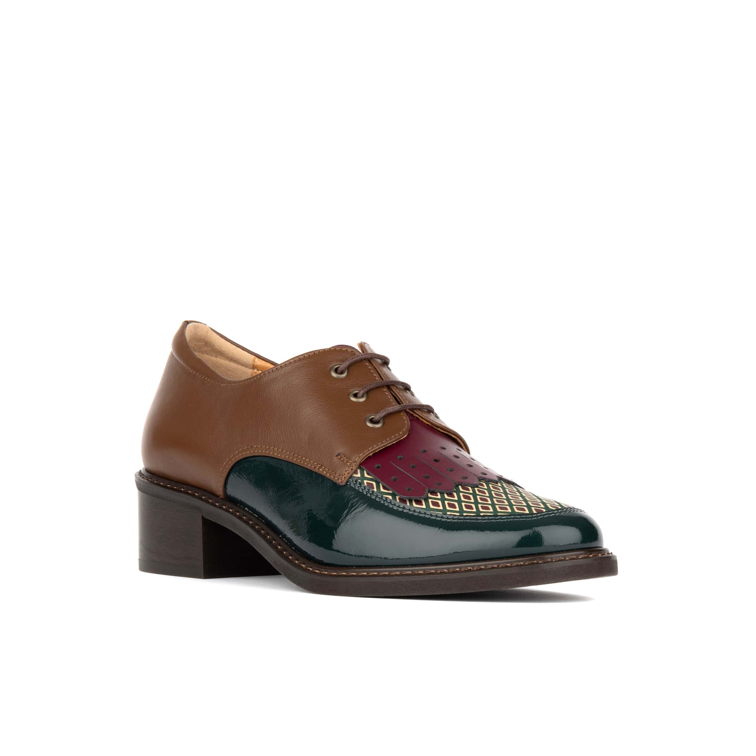 Retro Tone - Green & Brown & Purple - Women's Colour-block leather lace-up with signature kiltie detail