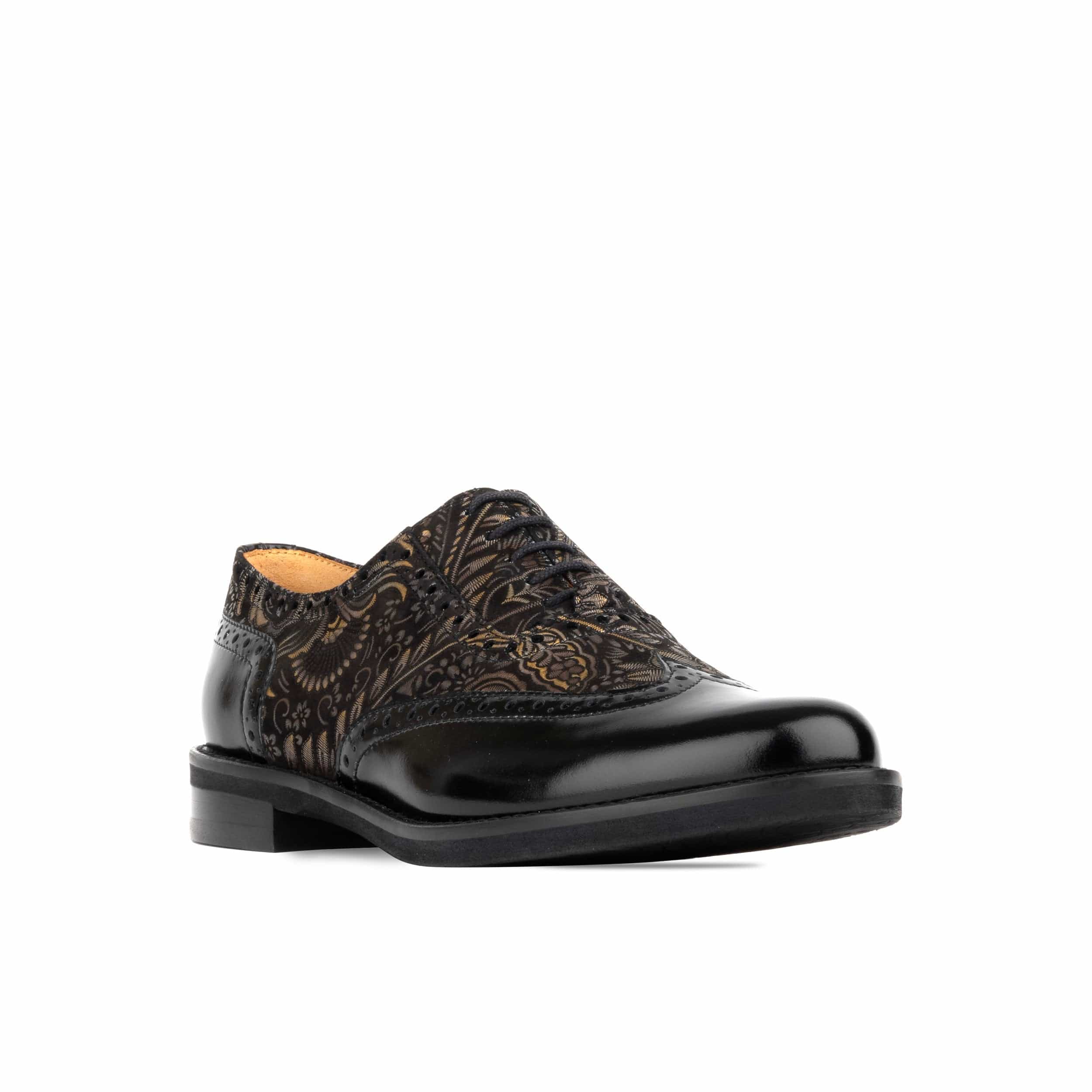 Vivienne - Black & Gold - Women's oxford lace-up shoe with brogue details
