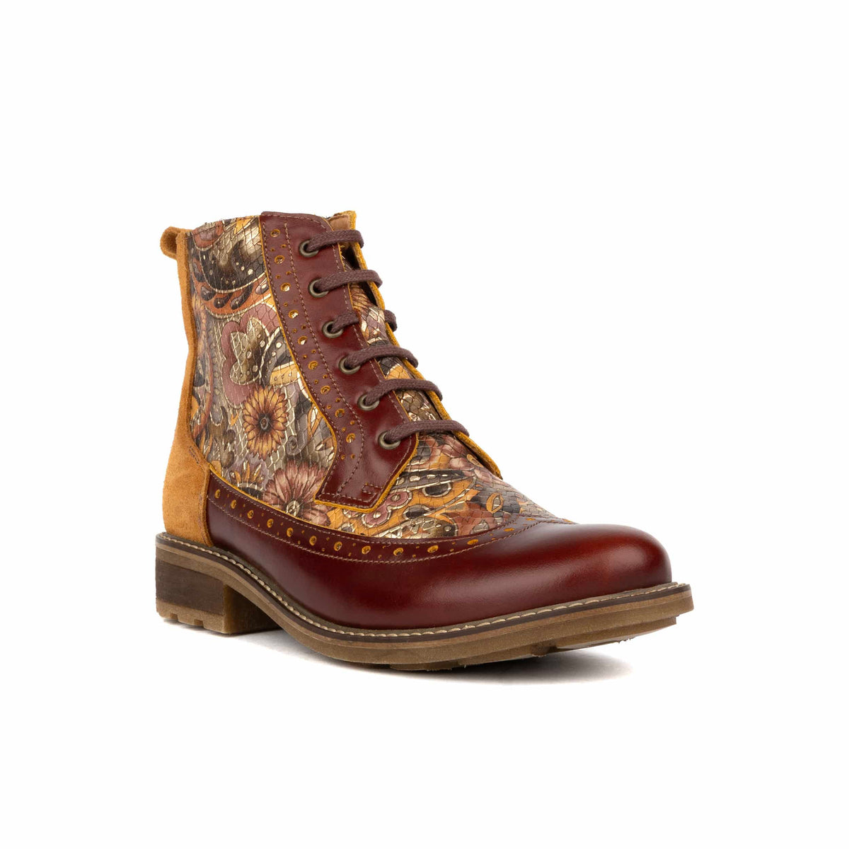 Milliner - Brown & Bronze Gold Flowers - Women's leather round toe rubber sole ankle boot in black