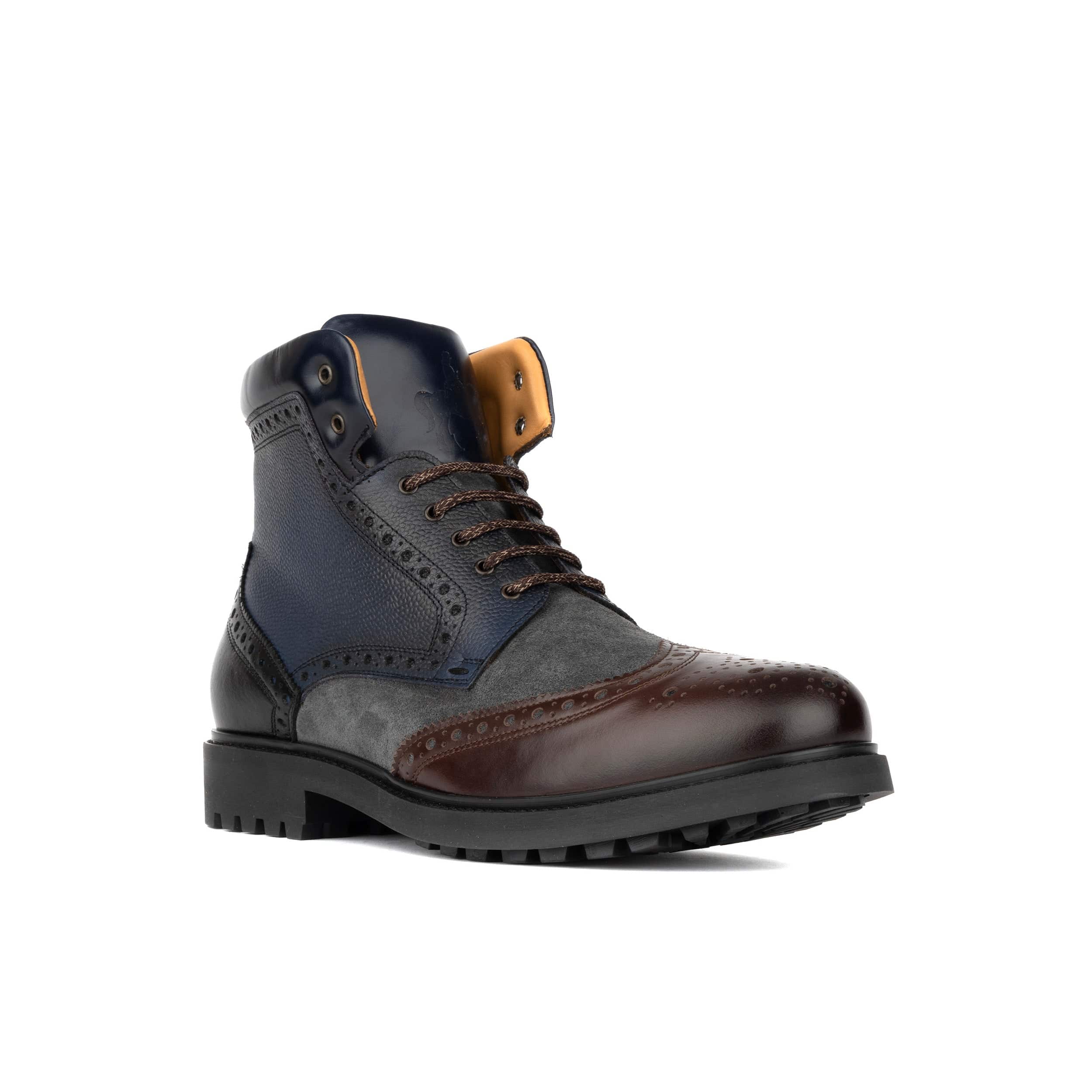 Wanderer - Navy & Grey & Burgundy - Men's leather combat style side zipper boot in brown
