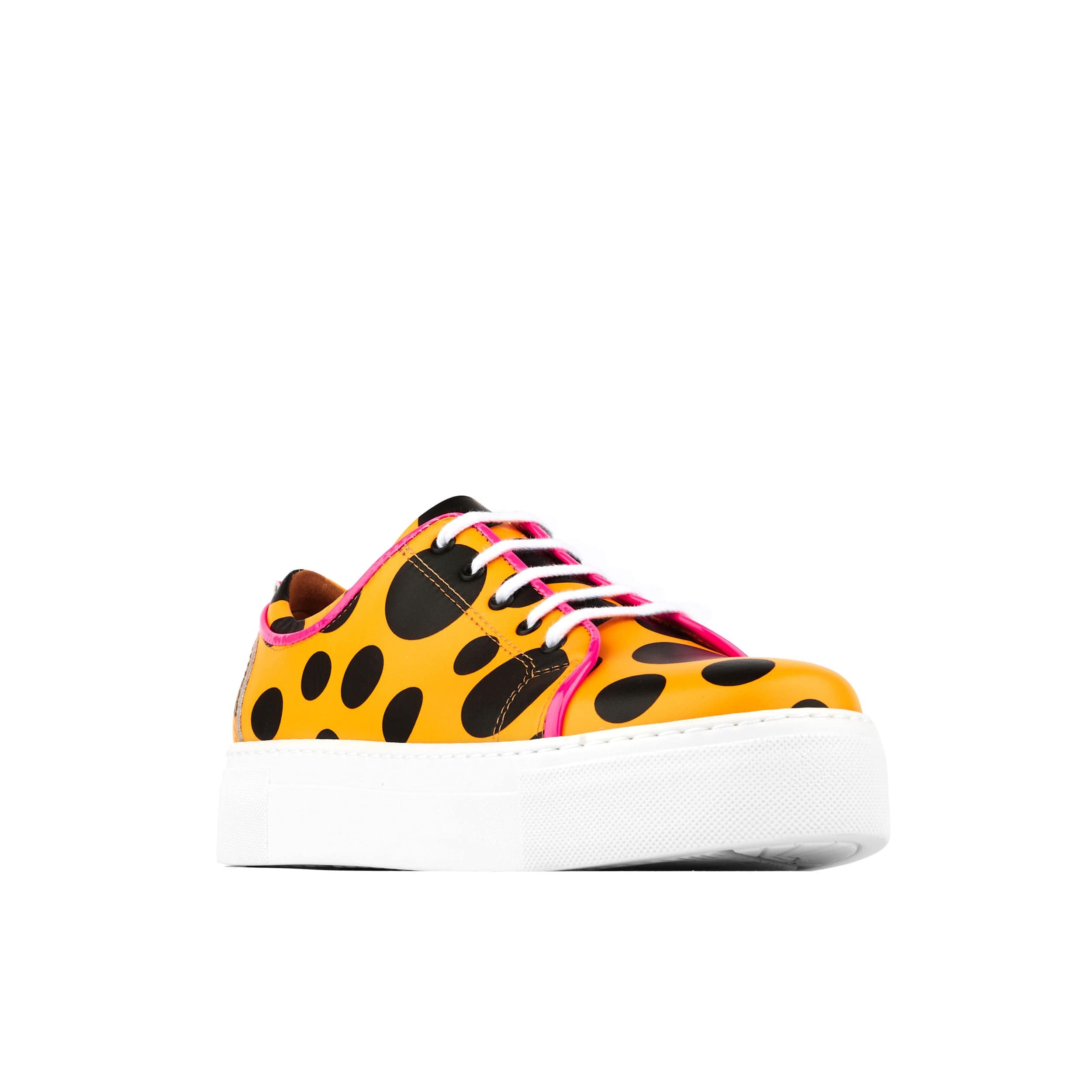 Camila - Orange Polka - Women's white platform sole leather trainer in polka dots