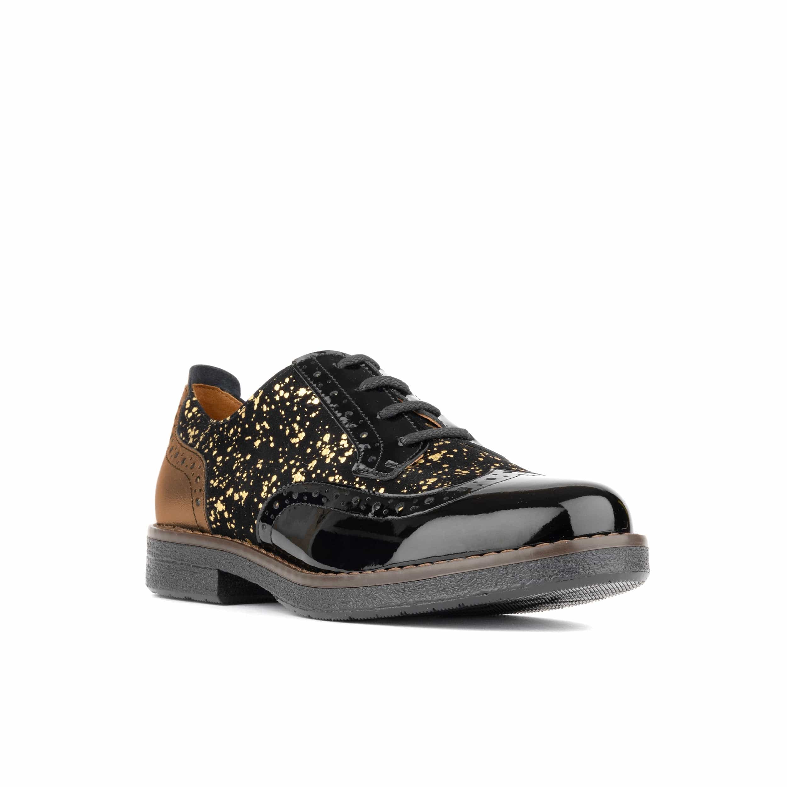 The Artist - Black & Gold - Women's leather lace-up shoe with brogue detailing