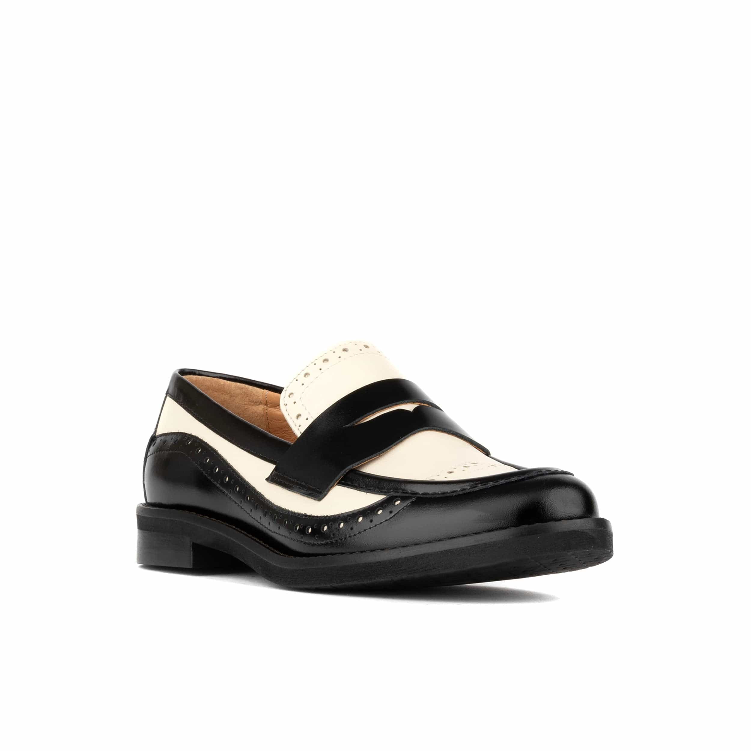 Angelina - Black & Cream - Women's leather almond toe penny loafer with broguing