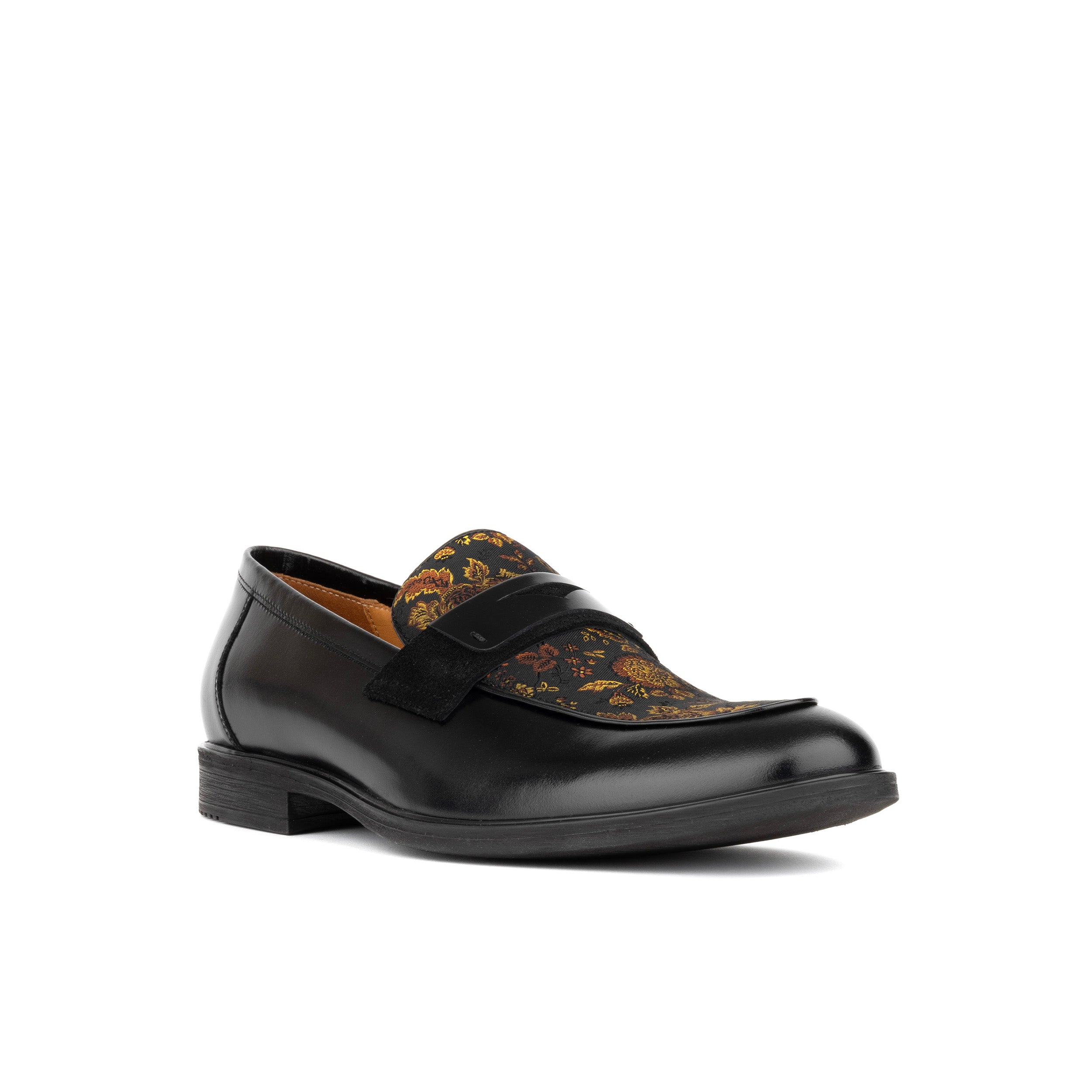 Gosselin - Black & Yellow Flowers - Men's leather loafer with jaquard details