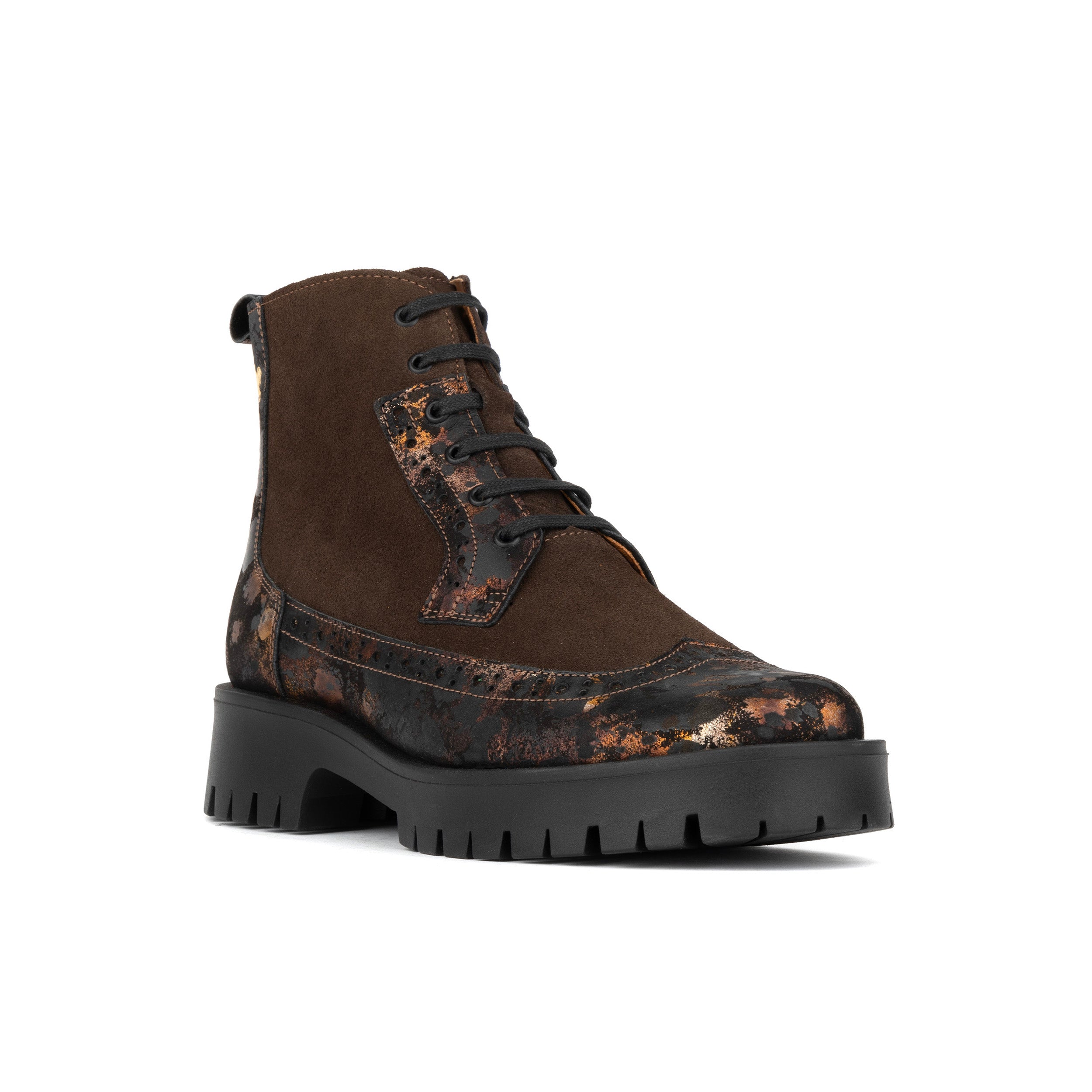 Hatter Platform - Brown Metal - Women's Leather and brushed nubuck suede Ankle Lace-up Boot with chunky cleated sole