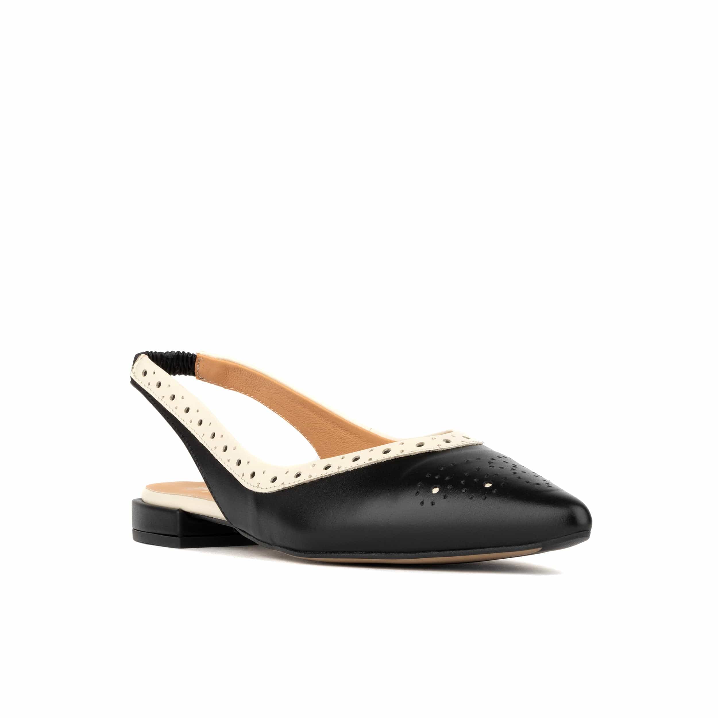 Holly - Black & Cream - Women's Leather Flat Slingback