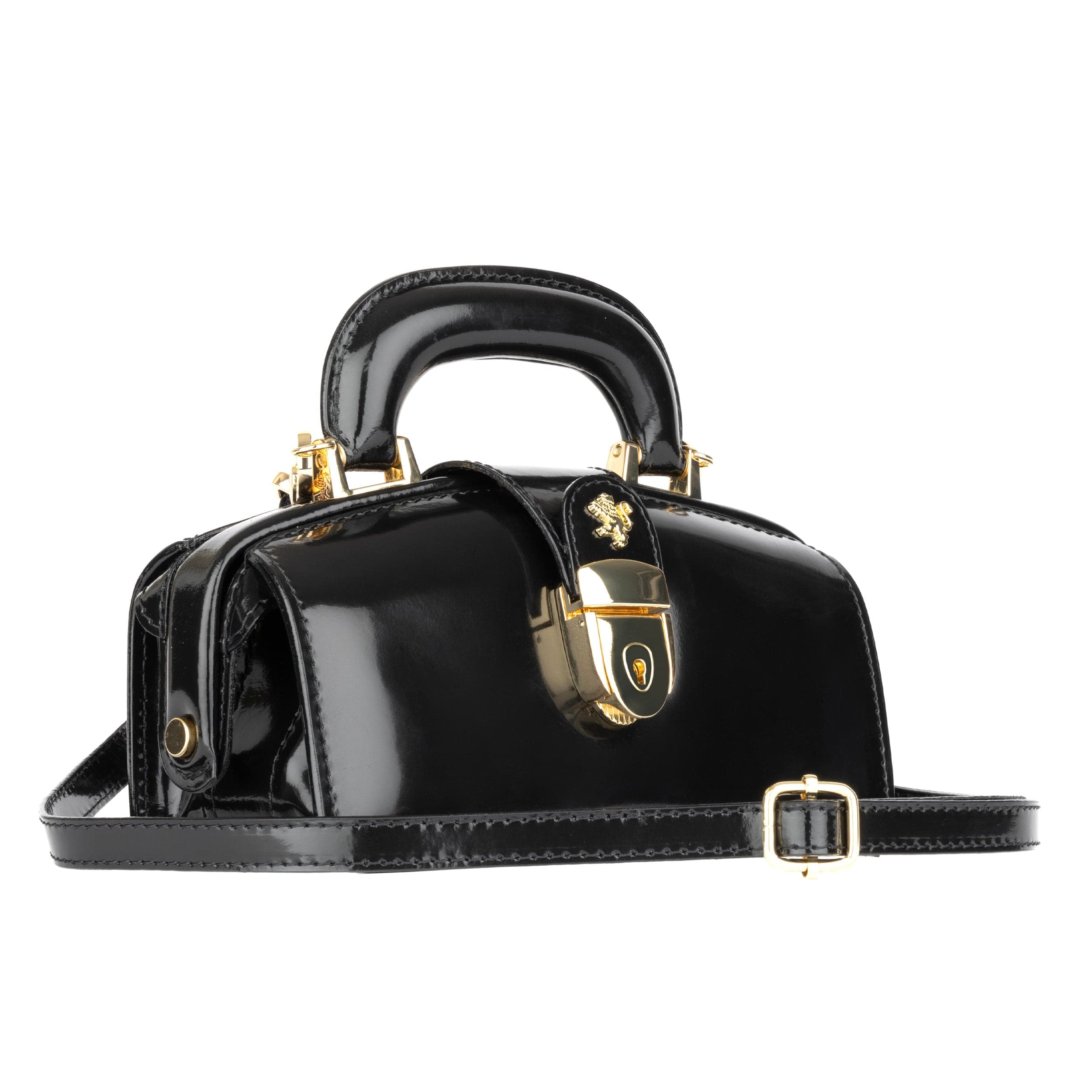 Gazelle Mini - Gold & Black - Women's mini patent bowling bag with handle and strap