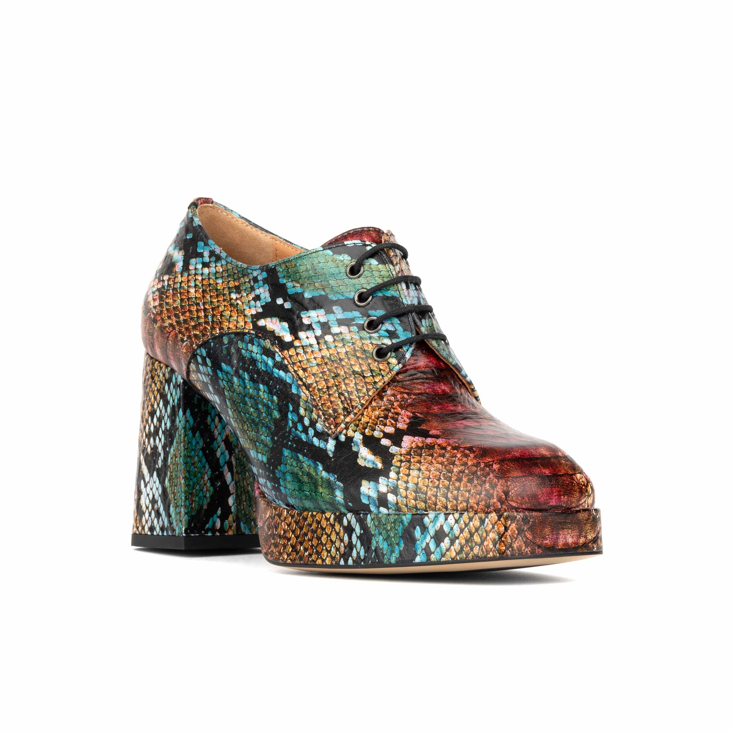 Roulette Platform - Green & Brown Snake - Women's leather oxford pump with platform and block heel