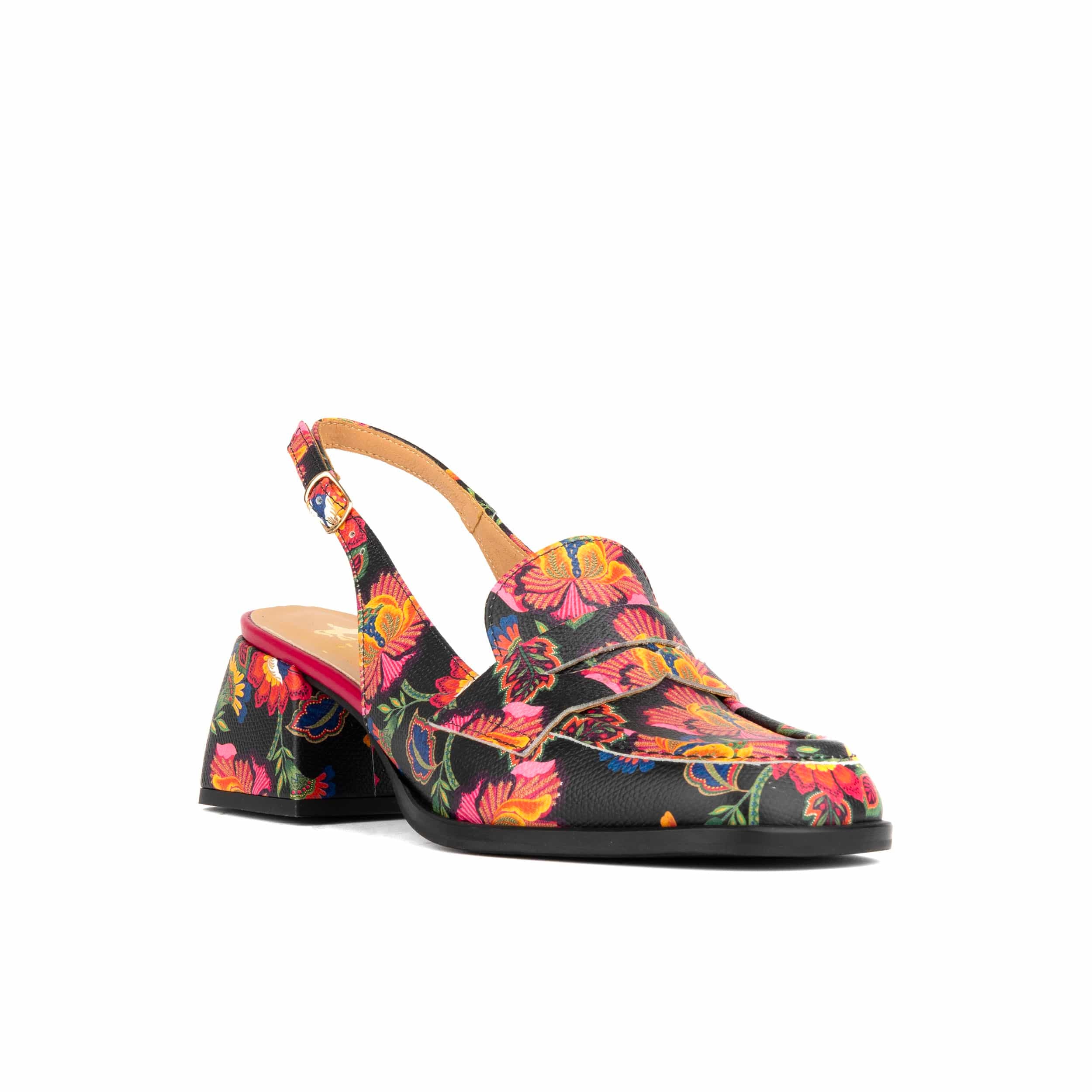 Diana - Red Flowers - Women's block heel slingback leather pump