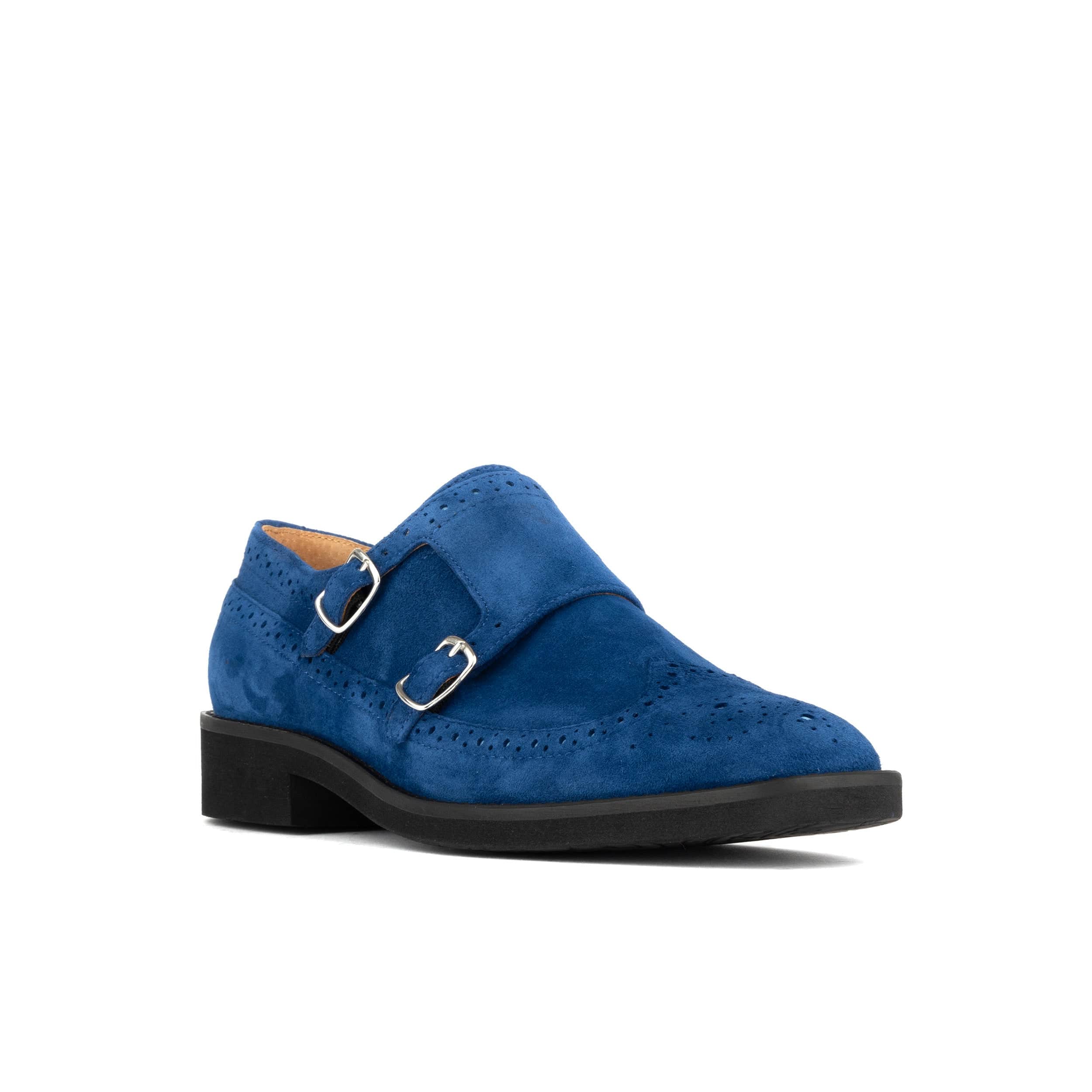 Windsor - Blue - Women's blue suede leather monk shoe with brogue detailing