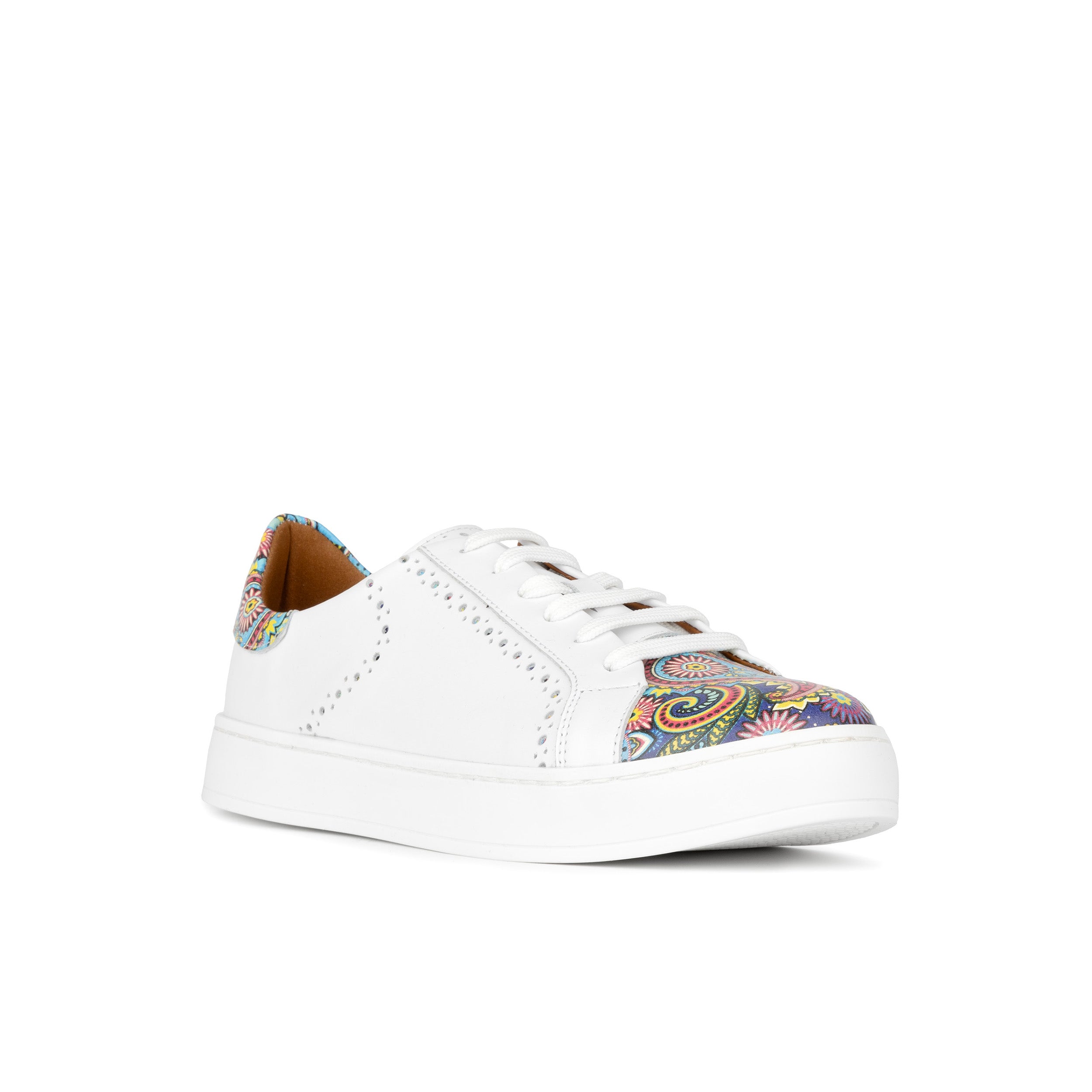 Serena - White & Festival Blue - Women’s Leather Trainer with Brogue Details