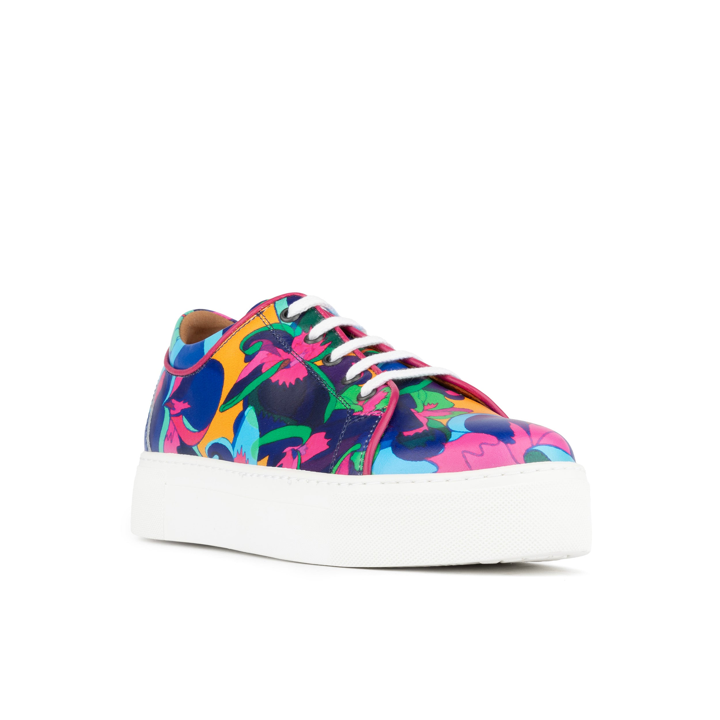 Camila - Blue & Pink Jungle - Women's platform sole leather lace-up trainer