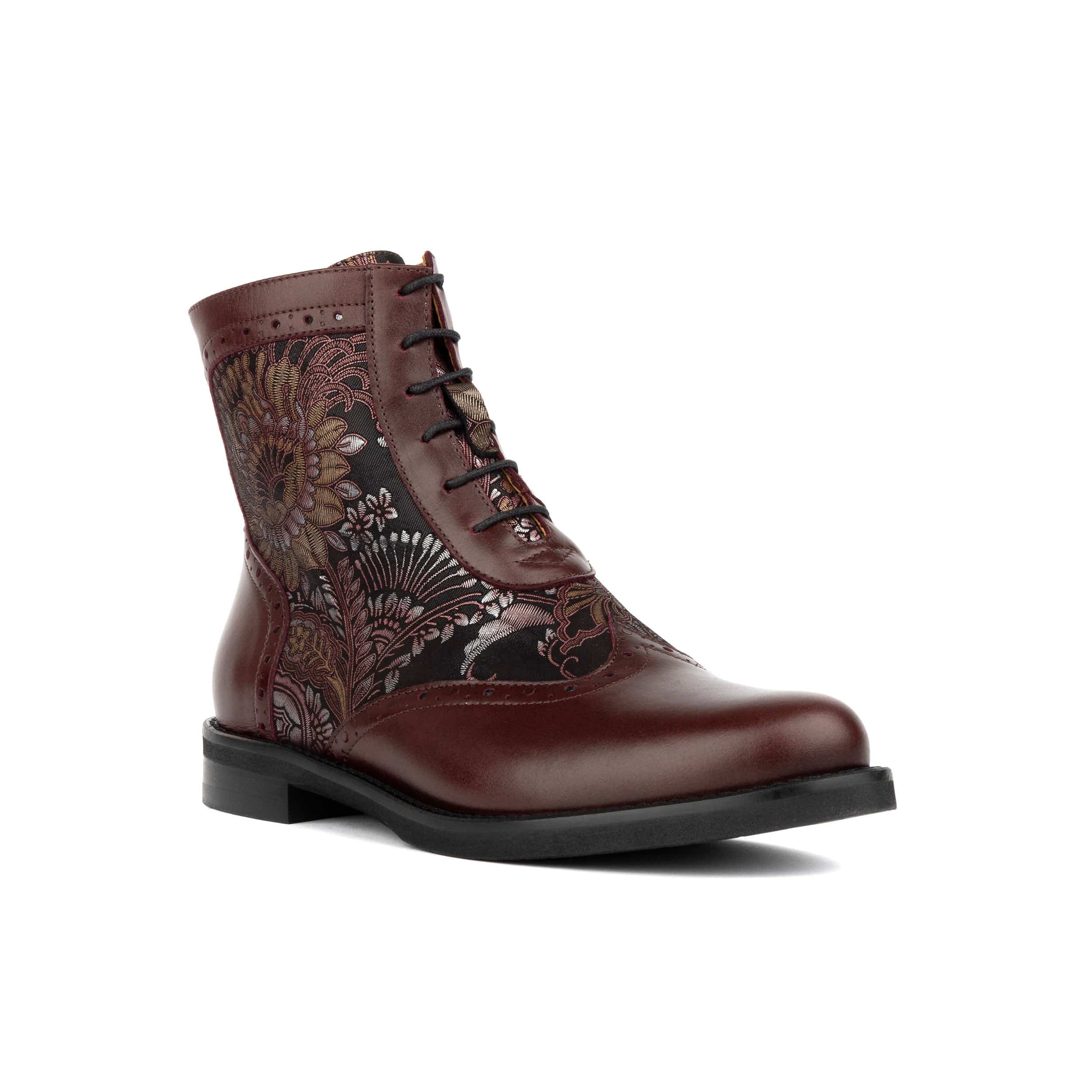 Mantis - Floral & Burgundy - Women's above-the-ankle lace-up boot with brogue & paisley detailing