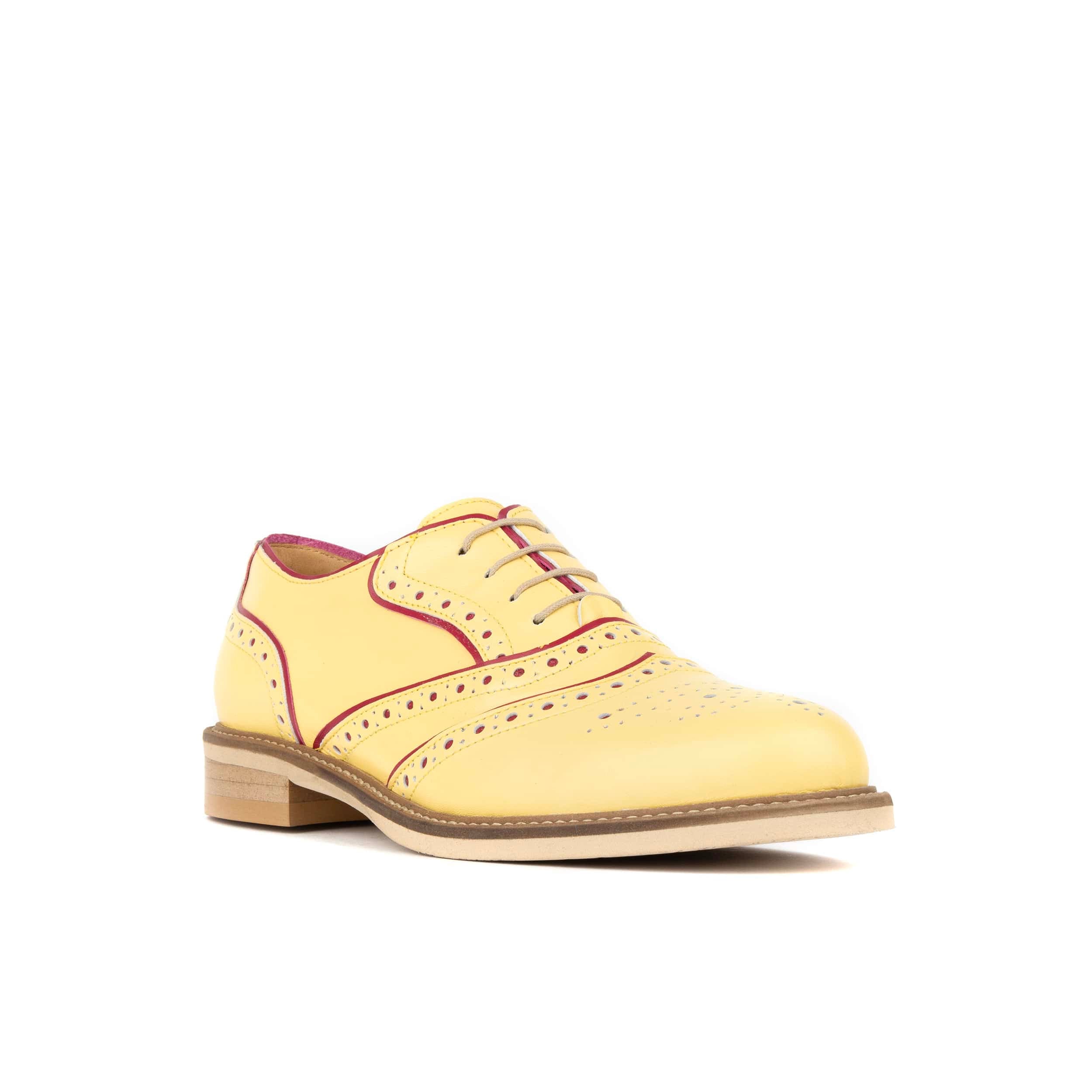 Brick Lane - Pastel Yellow - Women's contrast leather lace-up brogue
