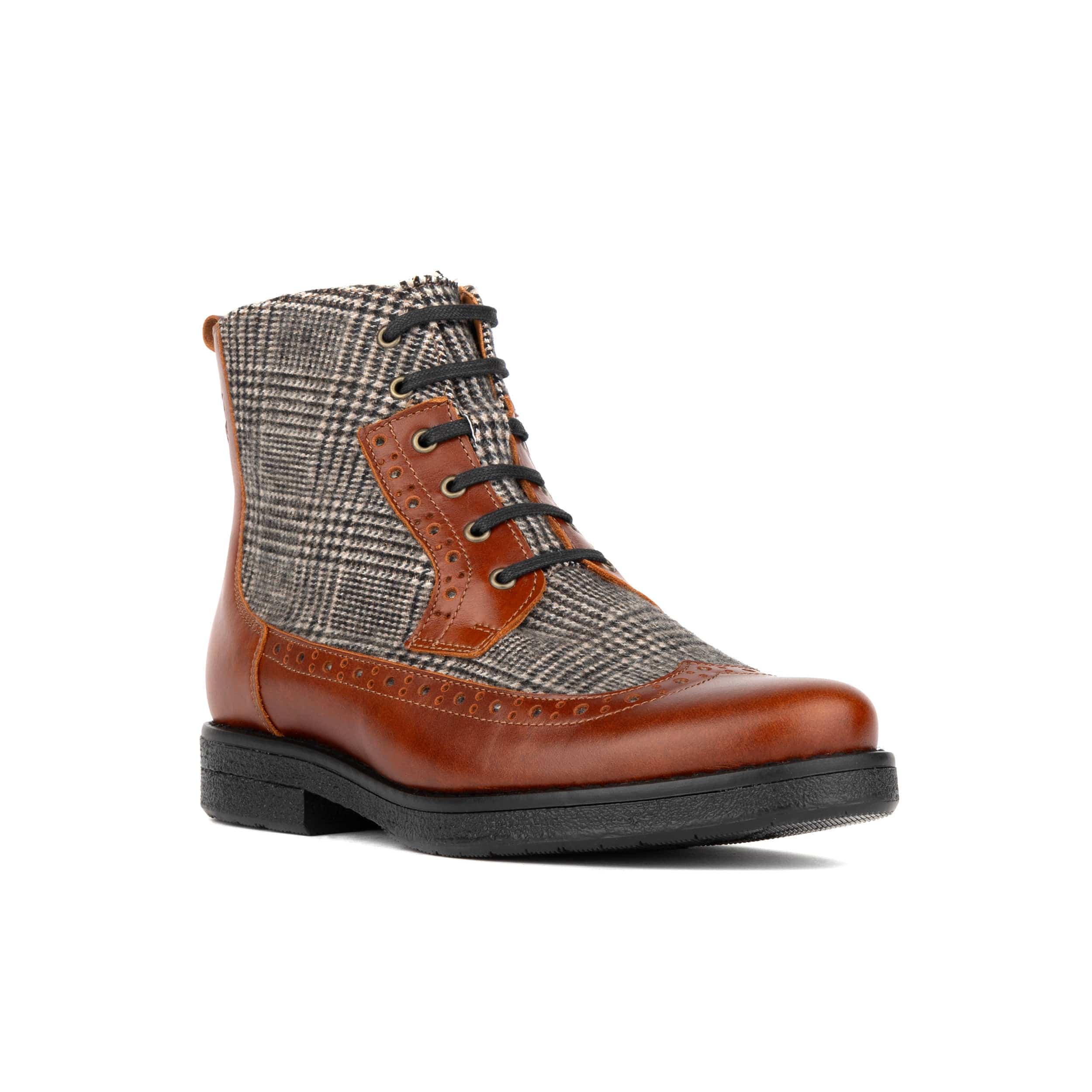 Hatter - Brown & Brown Check - Women's Leather Ankle Lace-up Boot with check details