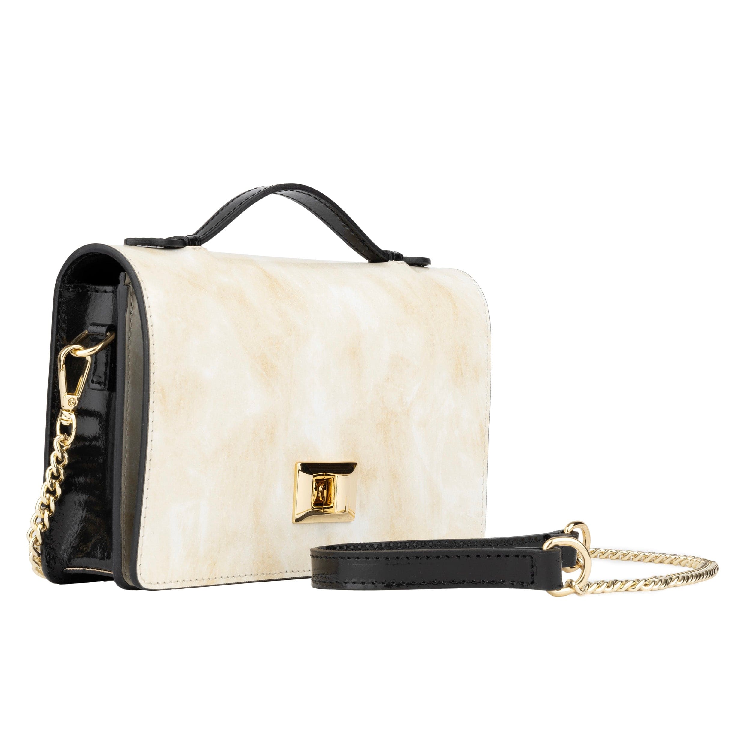 Envy - Cream & Black - Women's leather flap clutch bag with strap