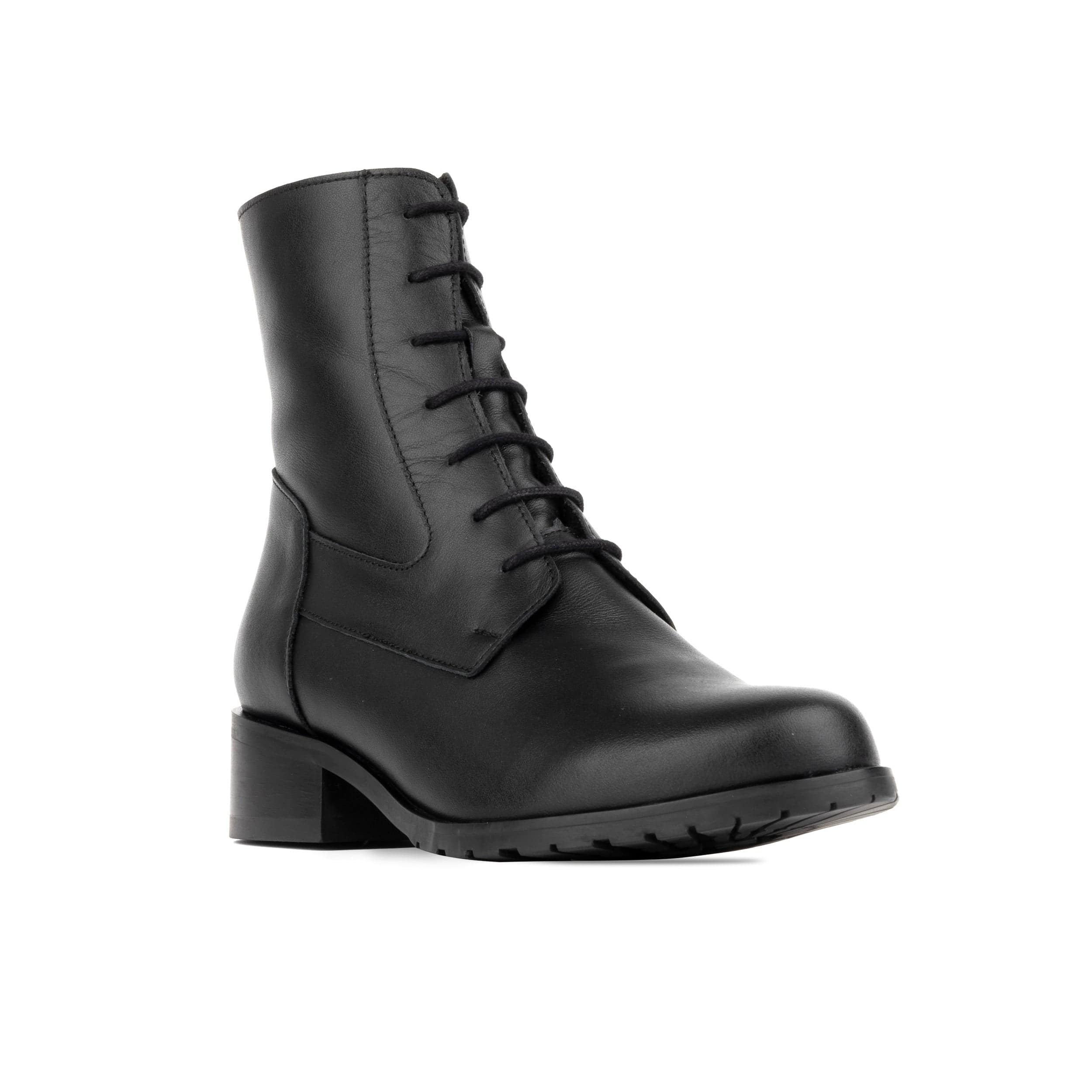 Dinah Wool - Black - Women's leather lace-up and zip-up round toe combat boot