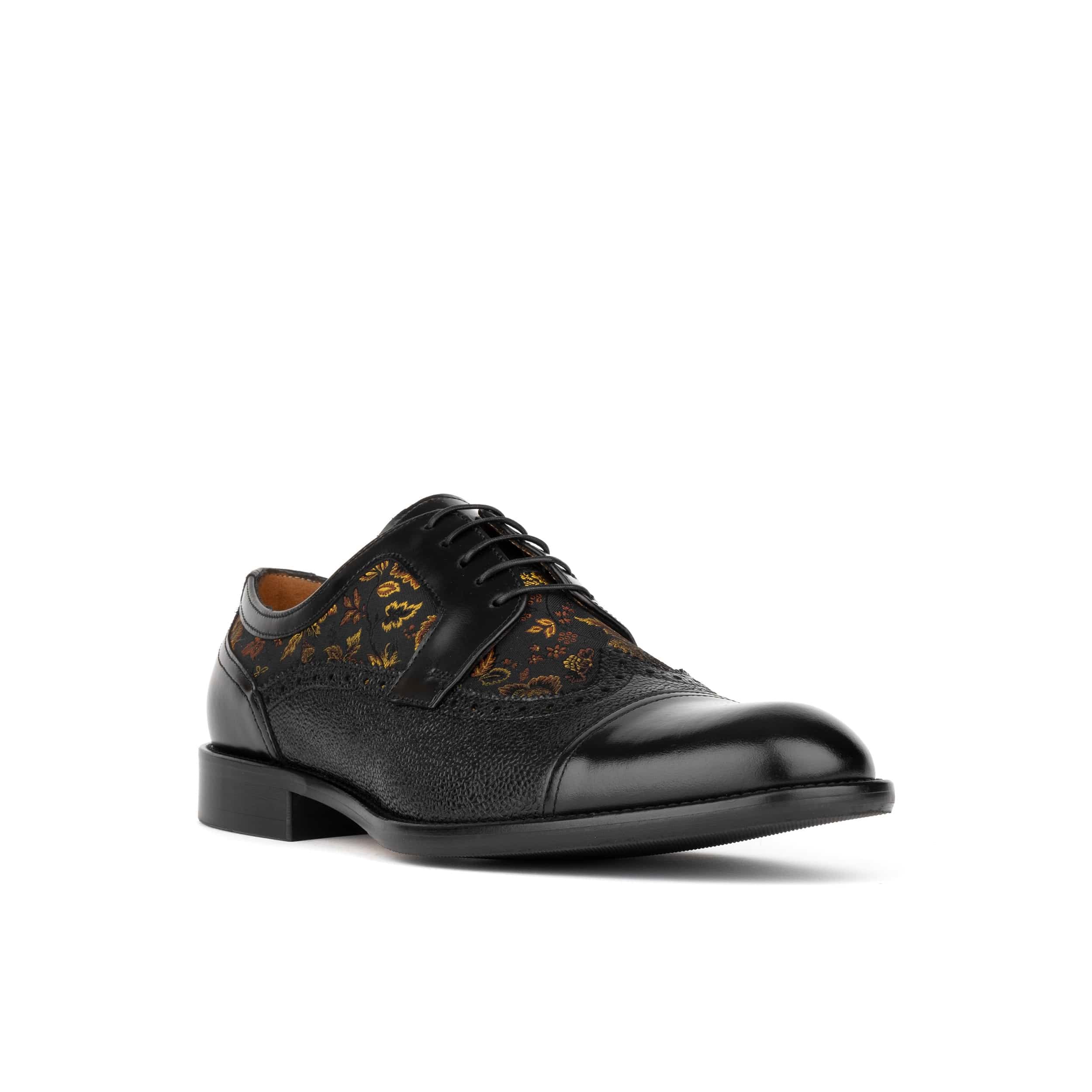 Orlando - Black & Yellow Flowers - Men's toe cap dressy black shoe with flower print leather