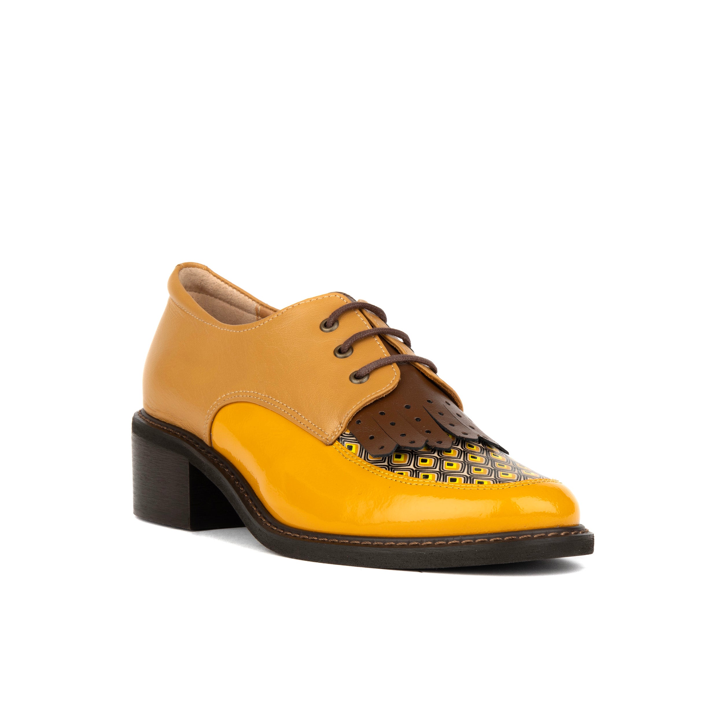 Retro Tone - Yellow & Brown - Women's leather lace-up with signature kiltie detail