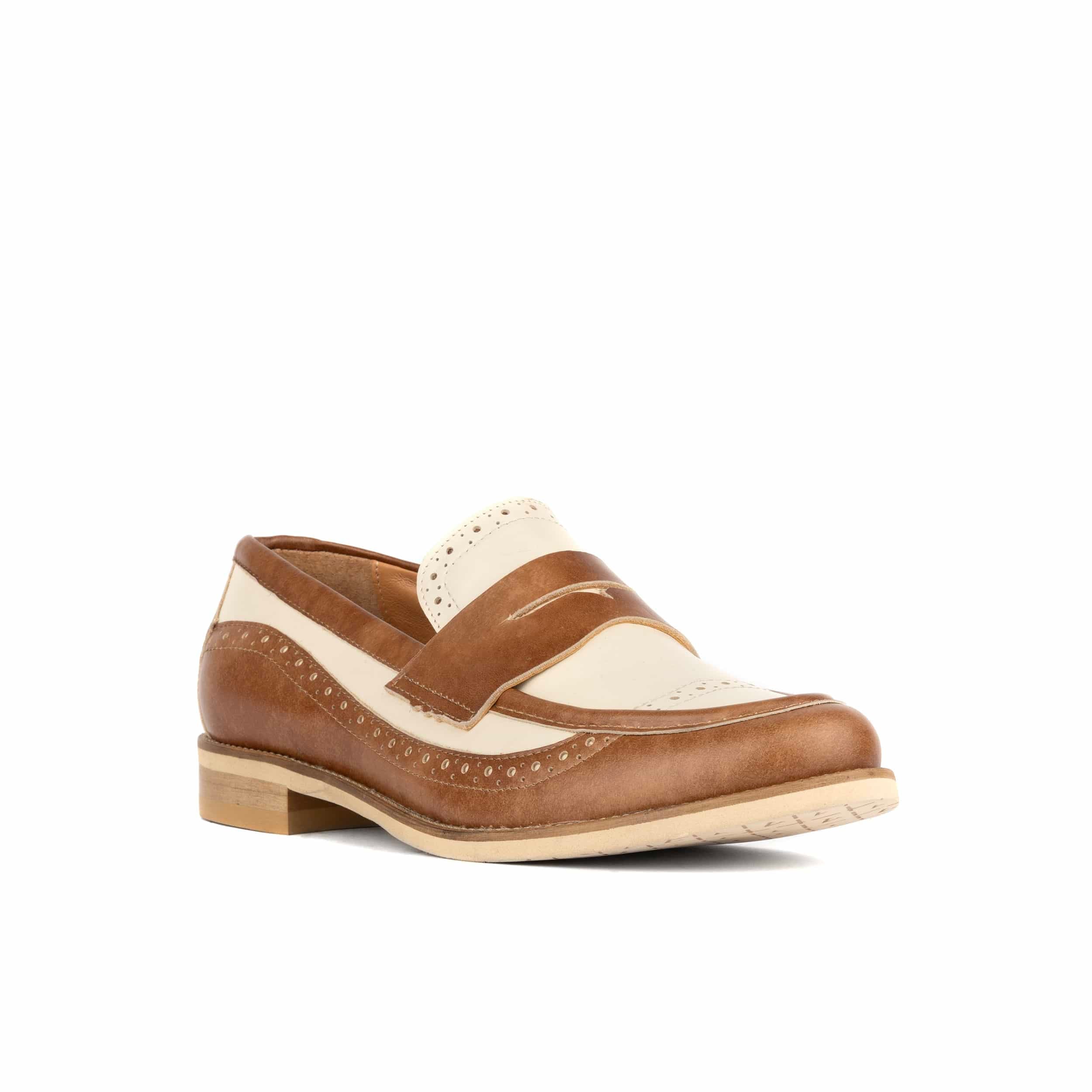 Angelina - Tan & Cream - Women's leather almond toe penny loafer with broguing