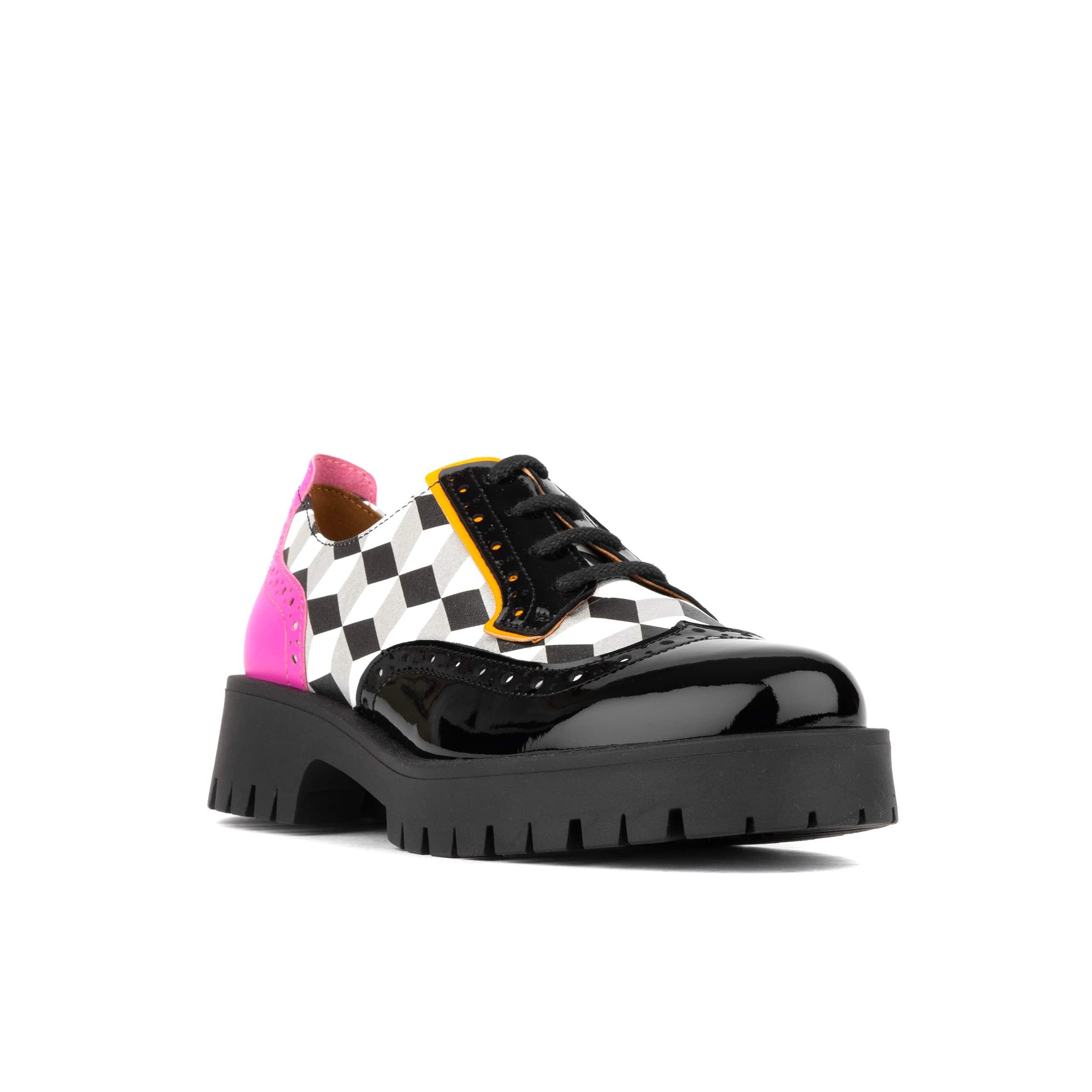 Artisan - Black & White Cubics - Women's leather lace-up shoe with brogue detailing