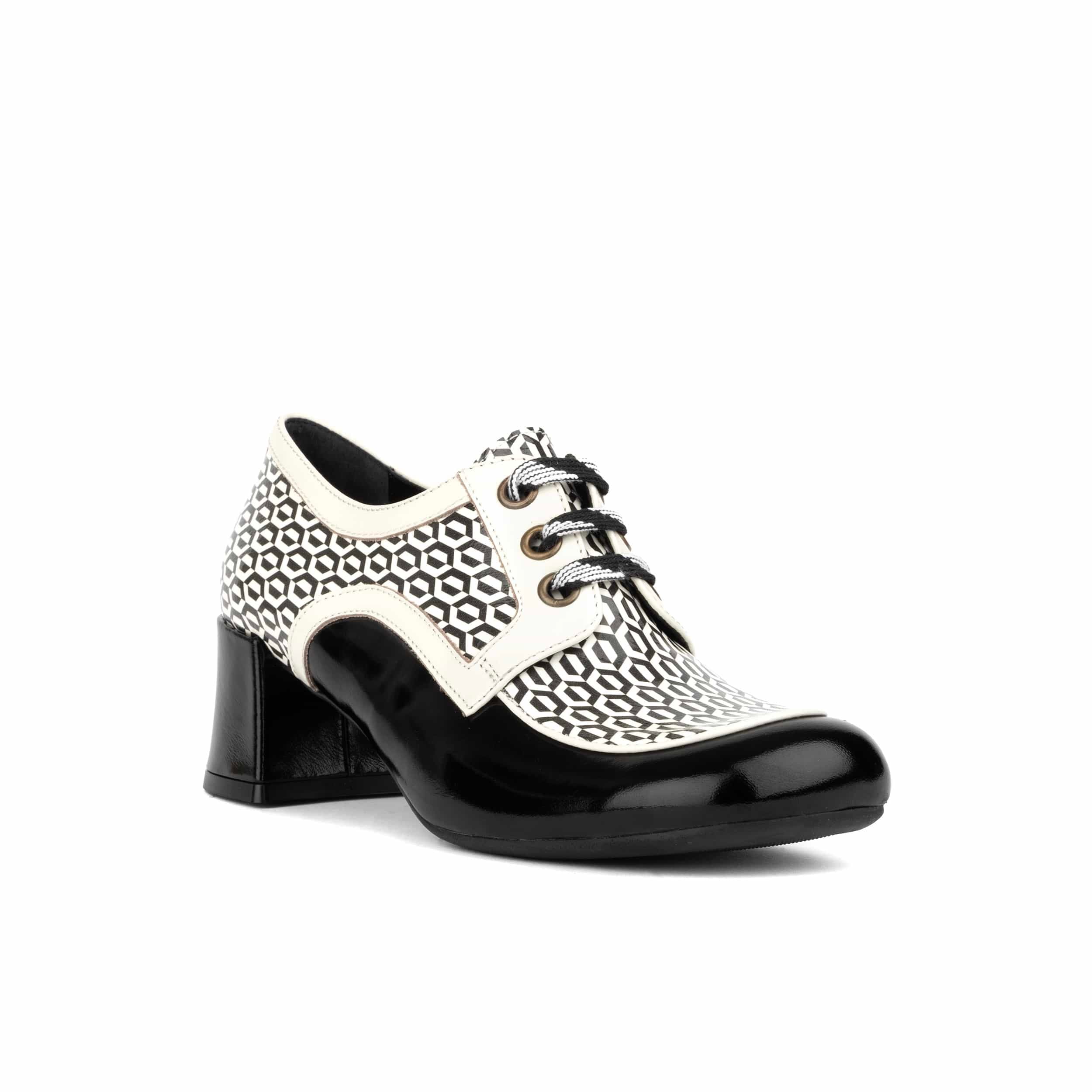 Sovereign - Black & White Optical - Women's leather lace up shoe with block heel