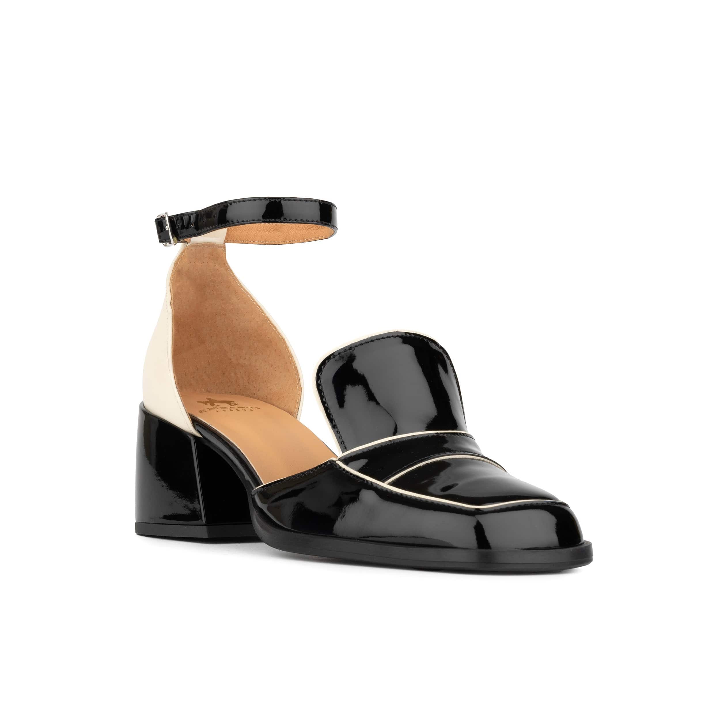 Mayfair - Black & Cream - Women's square toe patent leather 2 inch heel sandal