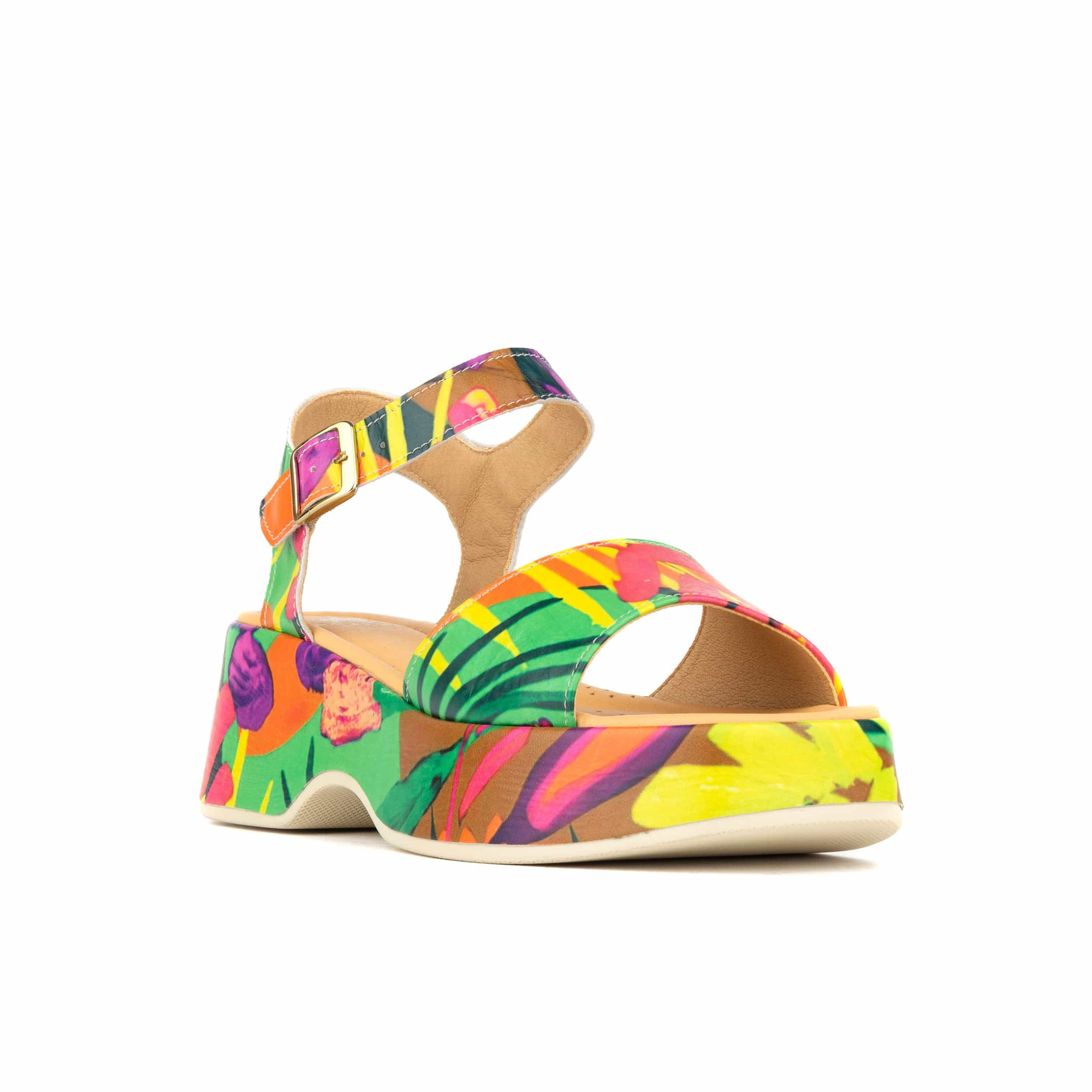 Palm Rise - Tropical - Plaform leather sandal in tropical print with soft leather footbed.