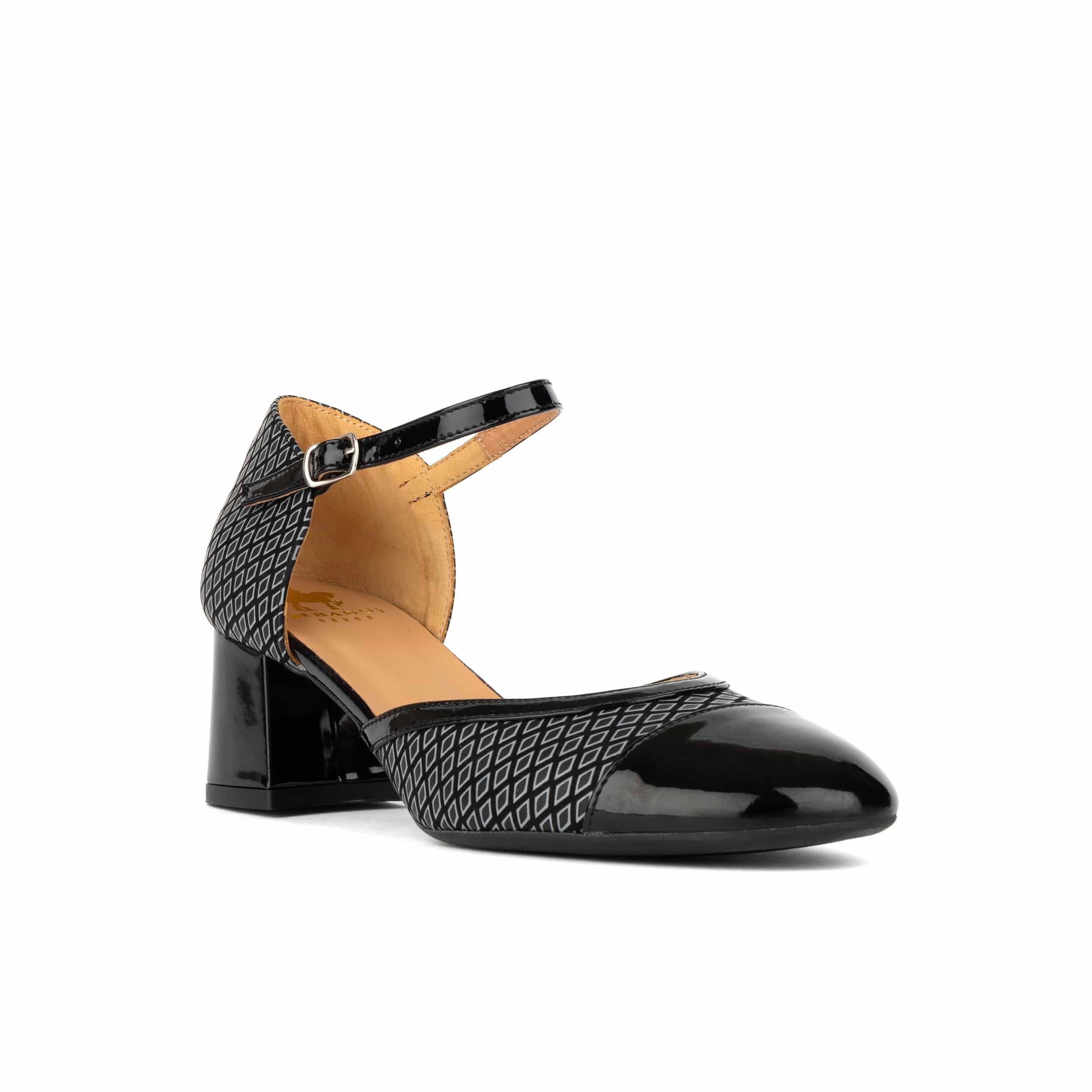 Kemi - Black & Grey Diamonds - Women's Leather Almond-Toe Block Heel