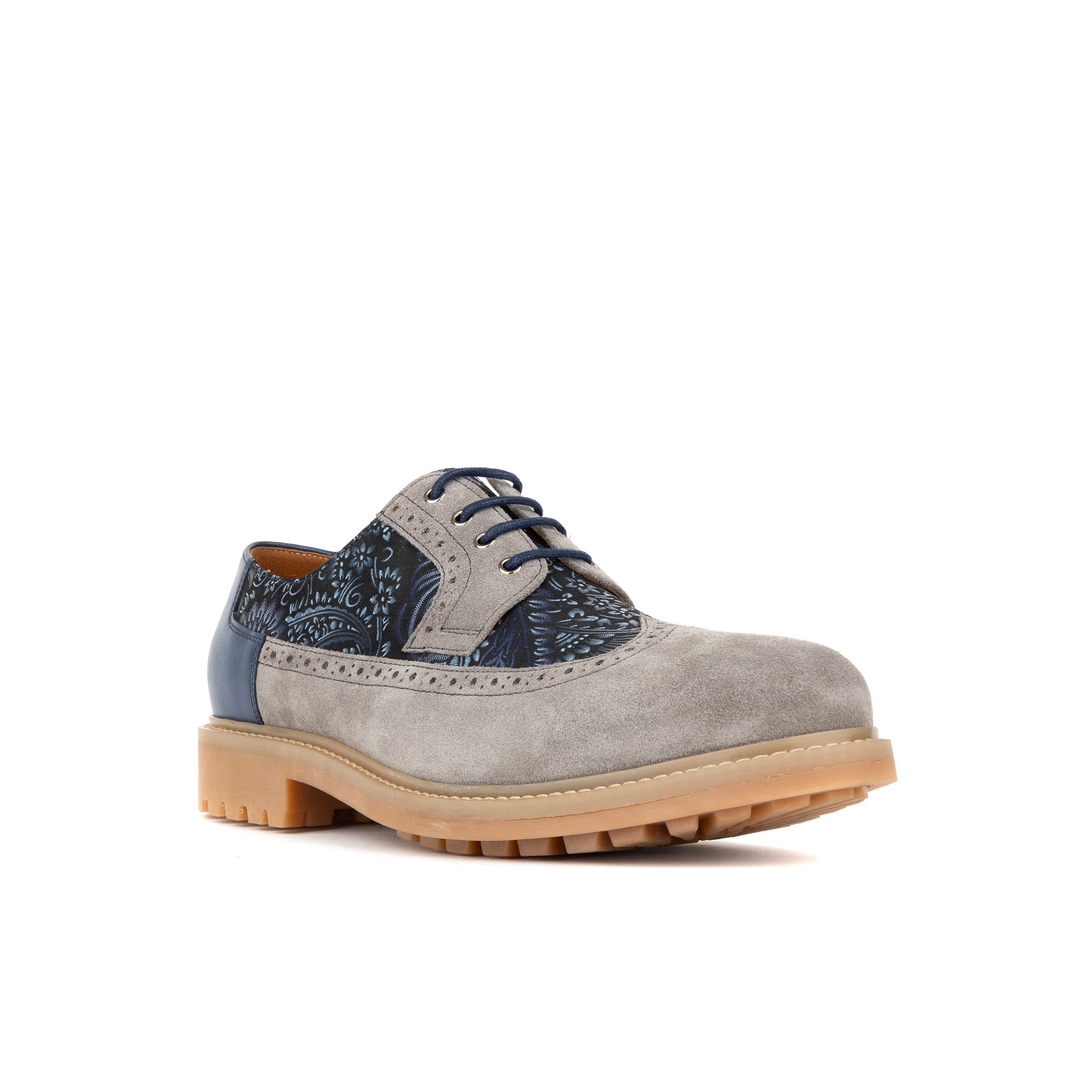 Cyclone - Grey, Blue & Silver Paisley - Men's Chunky Sole Leather & Suede Shoe with Paisley Print