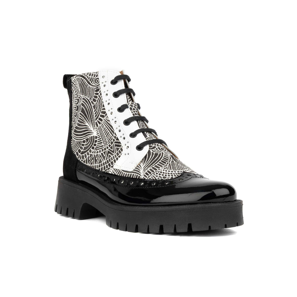 Hatter Platform - Black & White & Graphic Print - Women's Leather ankle Lace-up Boot with chunky cleated sole