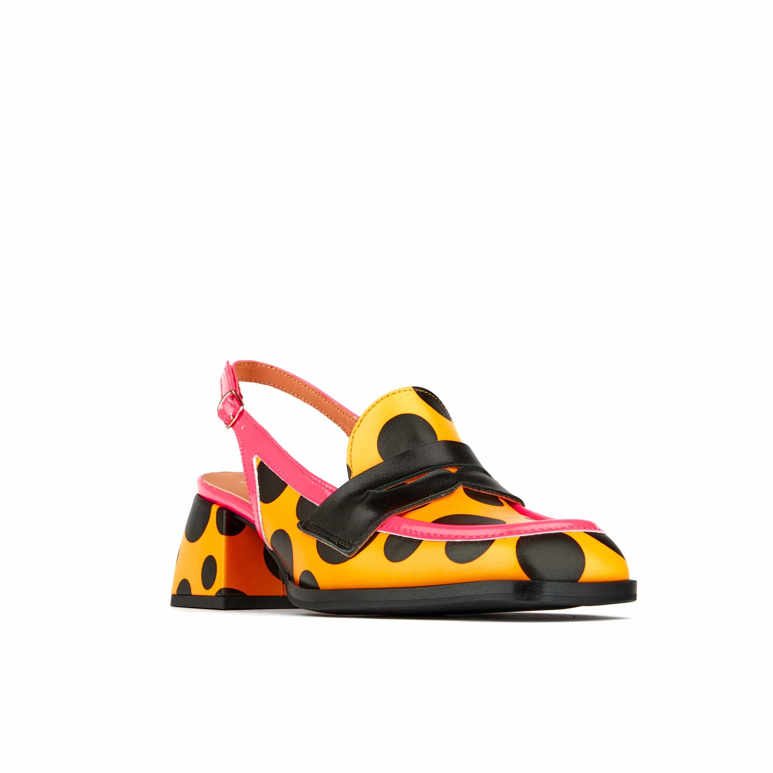 Diana - Black Orange Polka - Women's block heel slingback leather pump