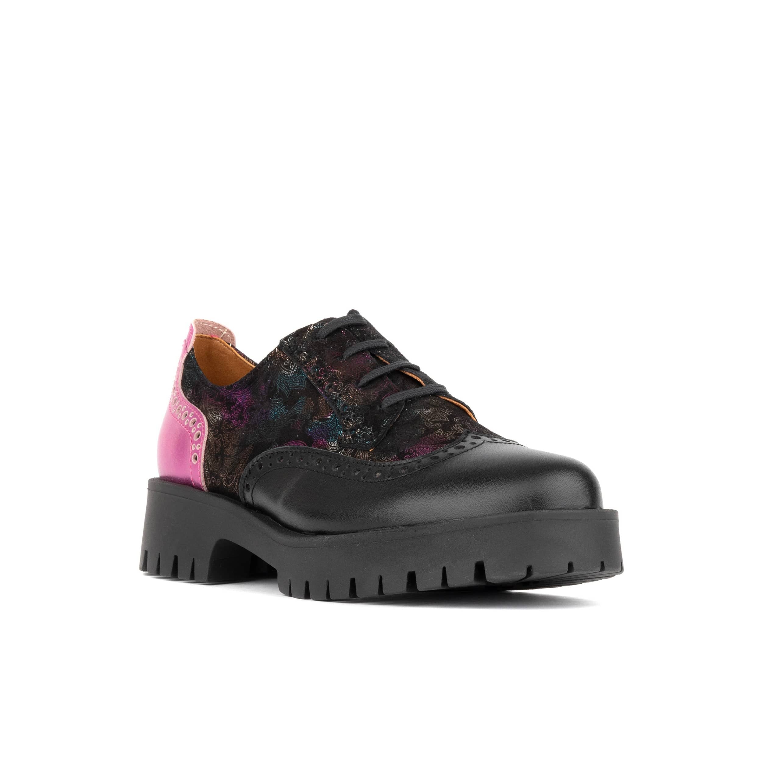 Artisan - Dark Winter Foil & Pink - Women's leather lace-up shoe with brogue detailing