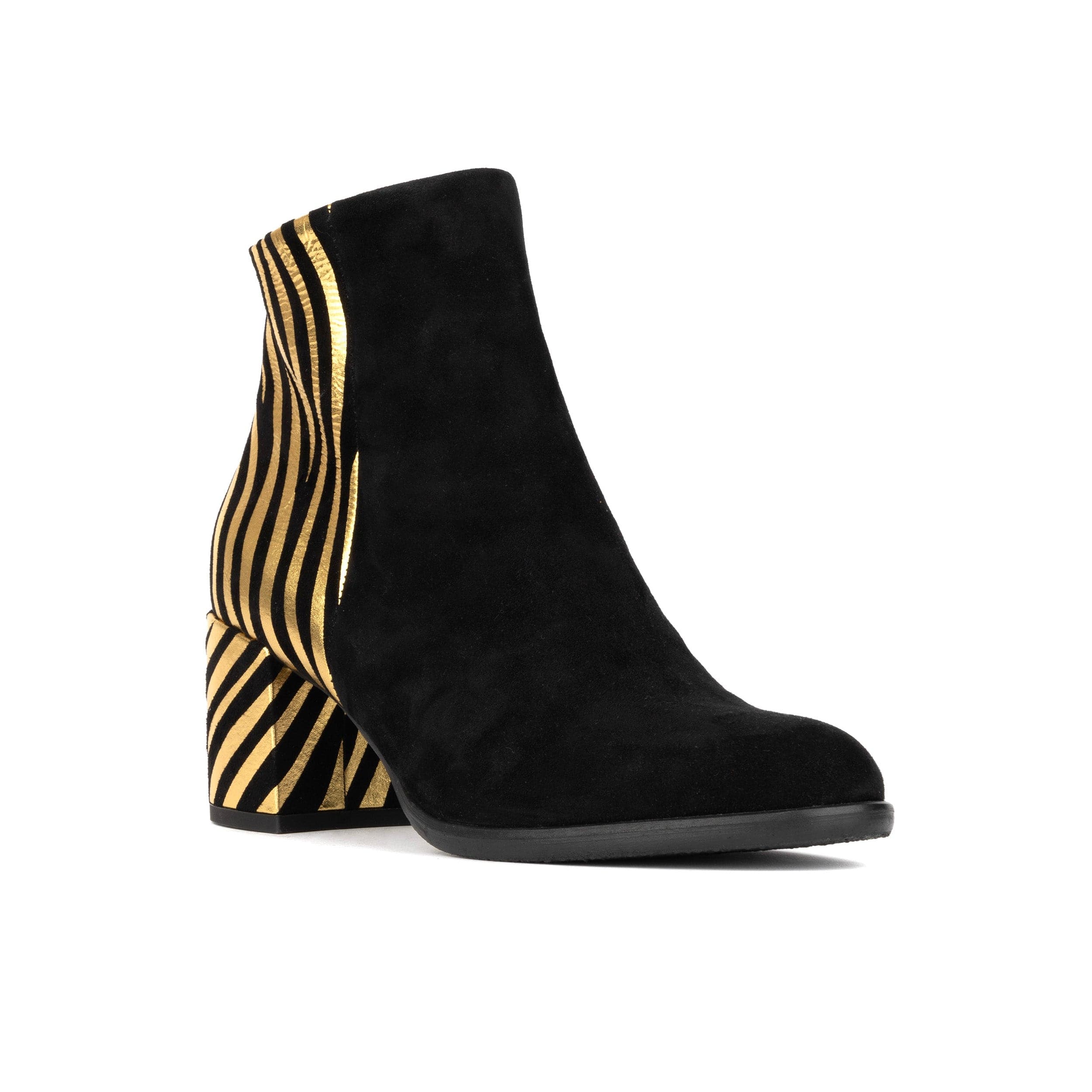 Impala - Black & Gold - Women's Suede Ankle Boot with Block Heel & Gold Foil Zebra Stripes