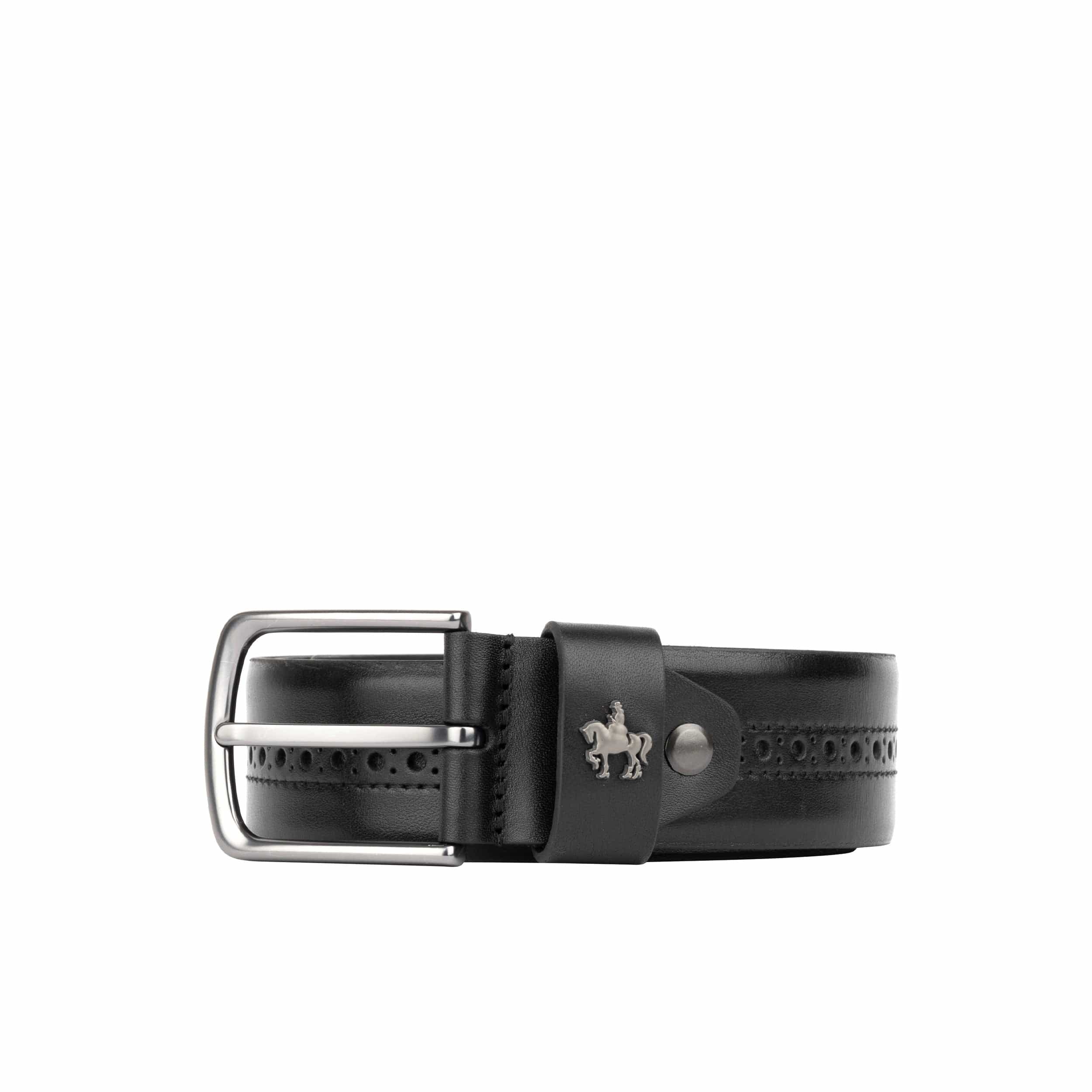 Scott - Black Shine - Men's smooth full-grain black leather belt with broguing