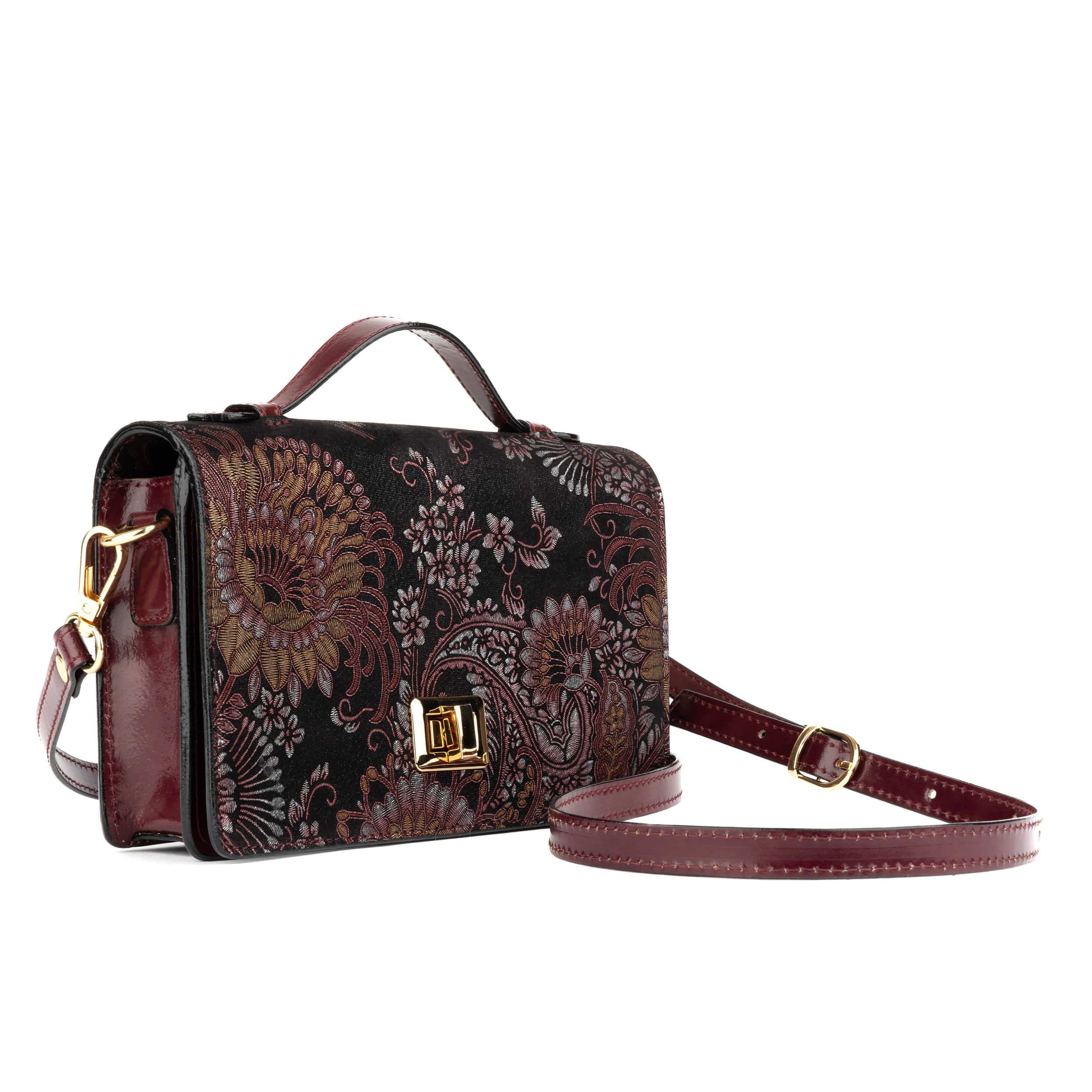 Envy - Floral & Burgundy - Women's leather flap clutch bag with strap
