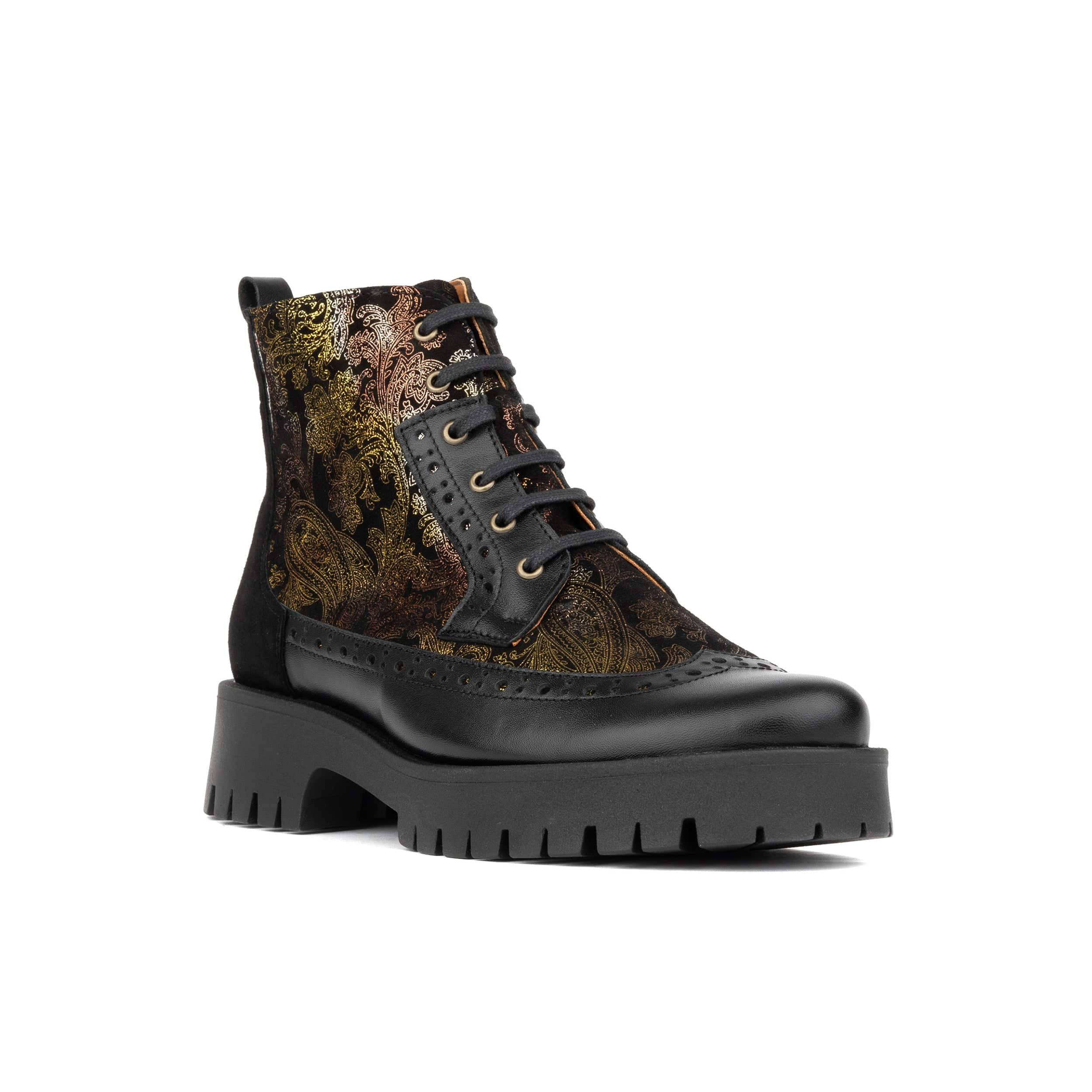 Hatter Platform - Black & Floral - Women's Leather ankle Lace-up Boot with chunky cleated sole