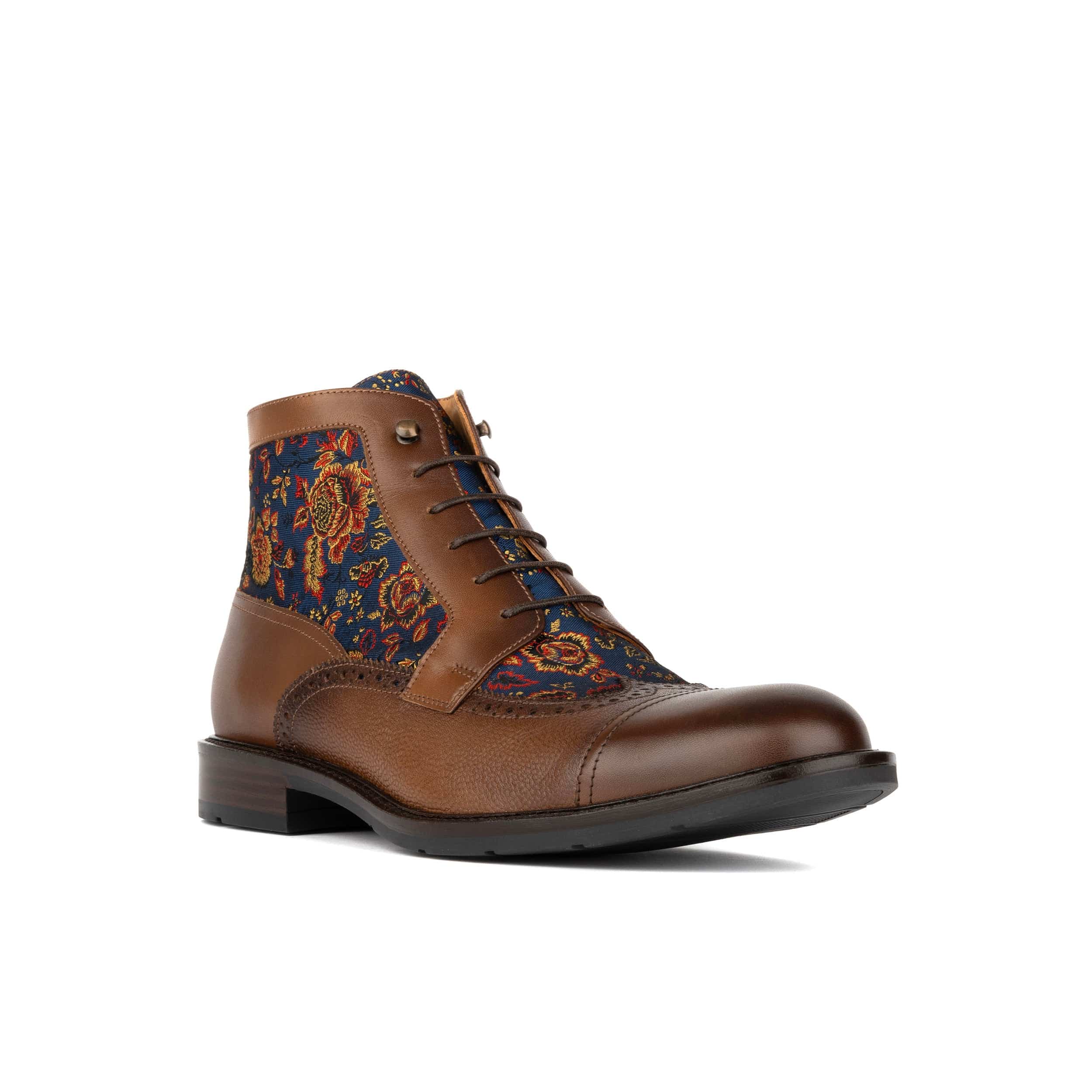 Charles - Tan & Blue Flowers - Men's leather lace up boot