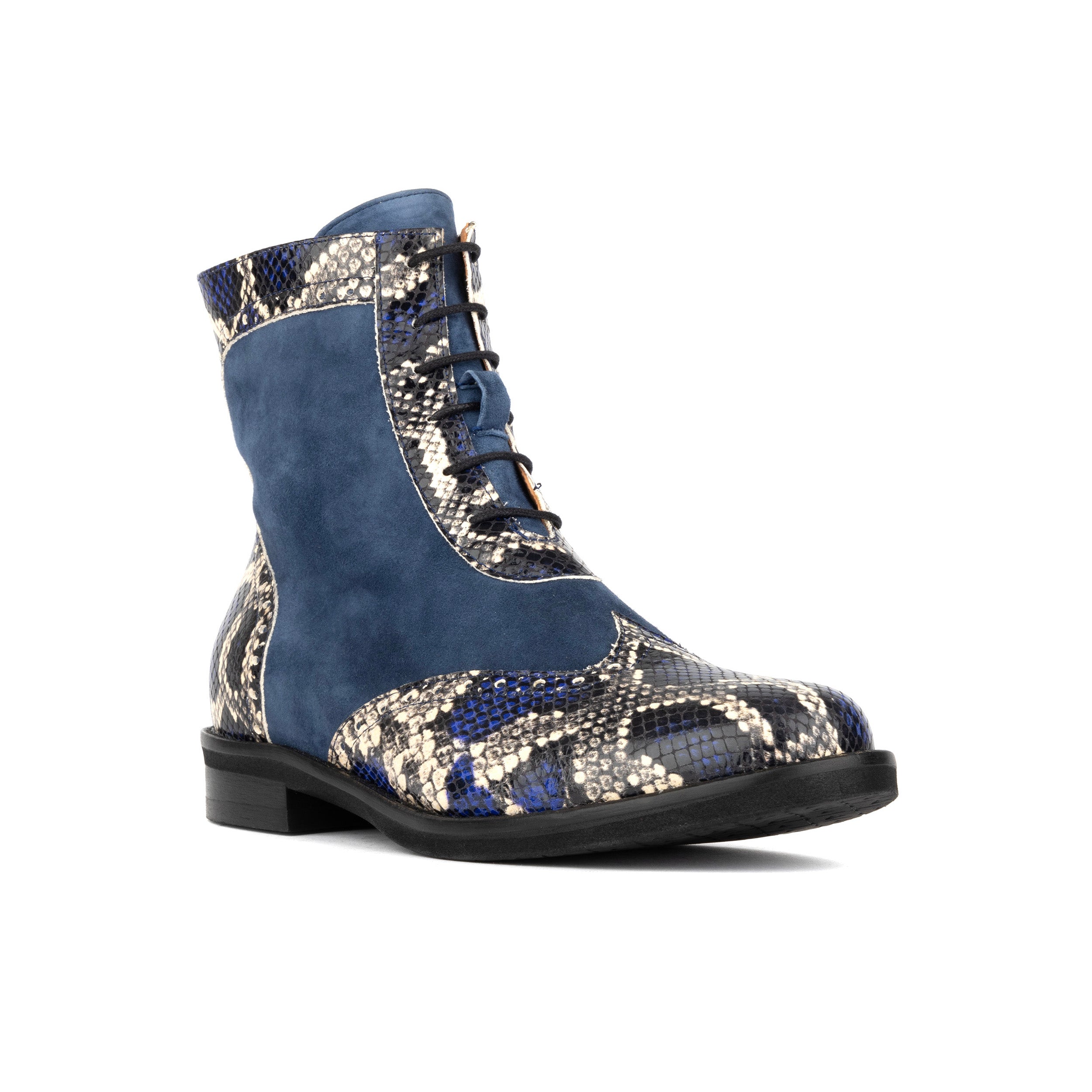 Mantis - Blue Snake - Women's above-the-ankle lace-up boot with brogue & snake print detailing