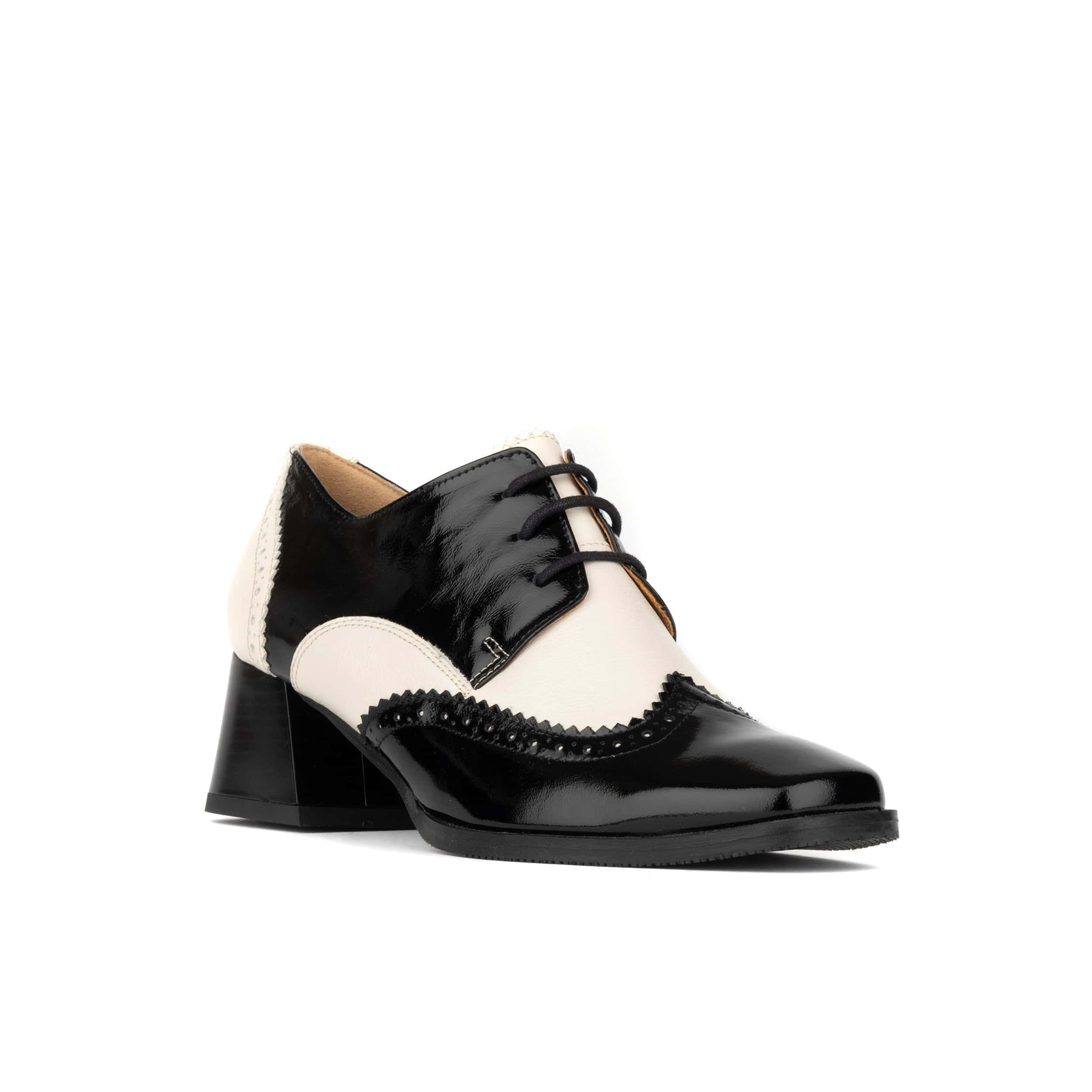 Ziggy - Black & White - Women’s Patent Leather lace-up Brogue Heel