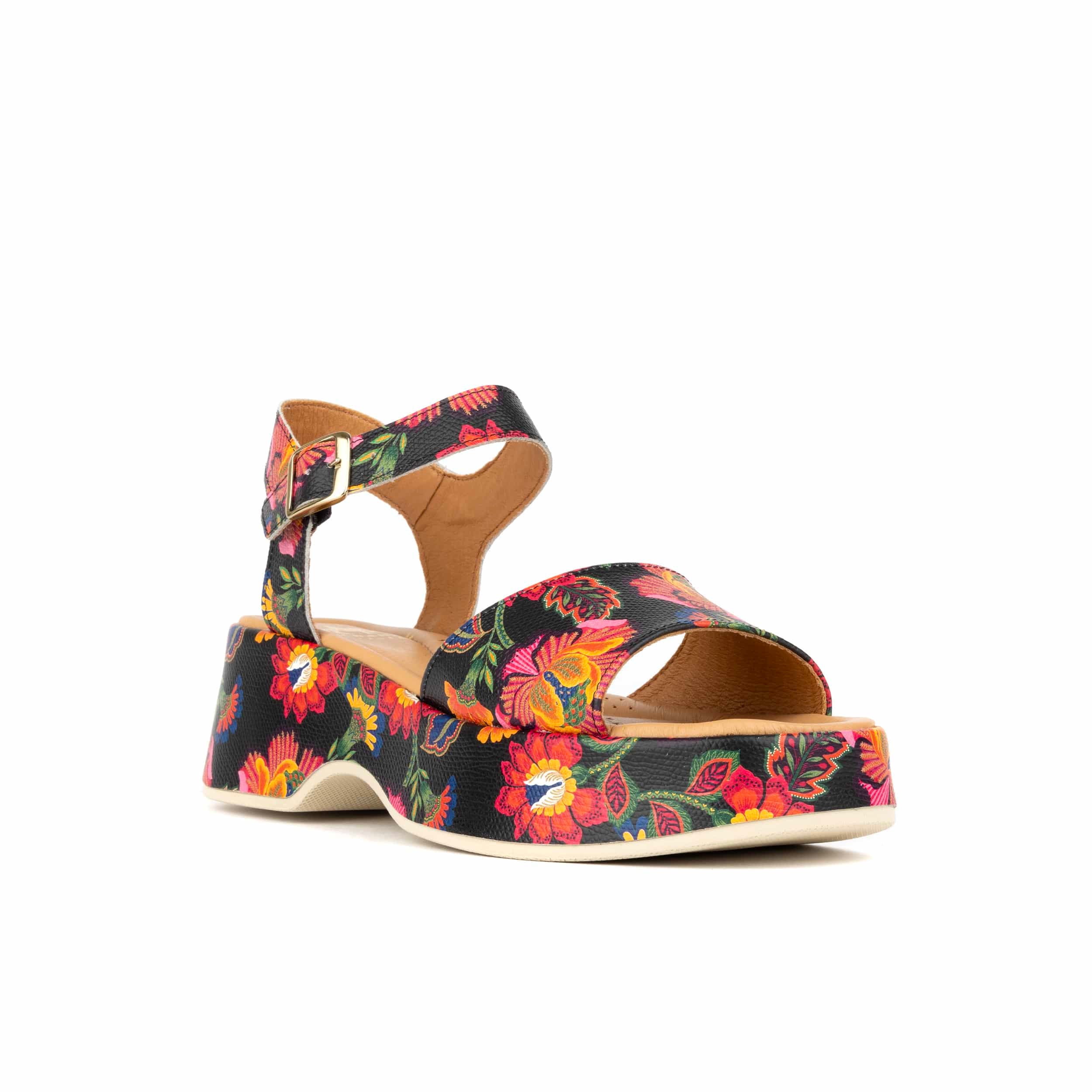 Palm Rise - Red Flowers - Women's Leather Platform Sandal