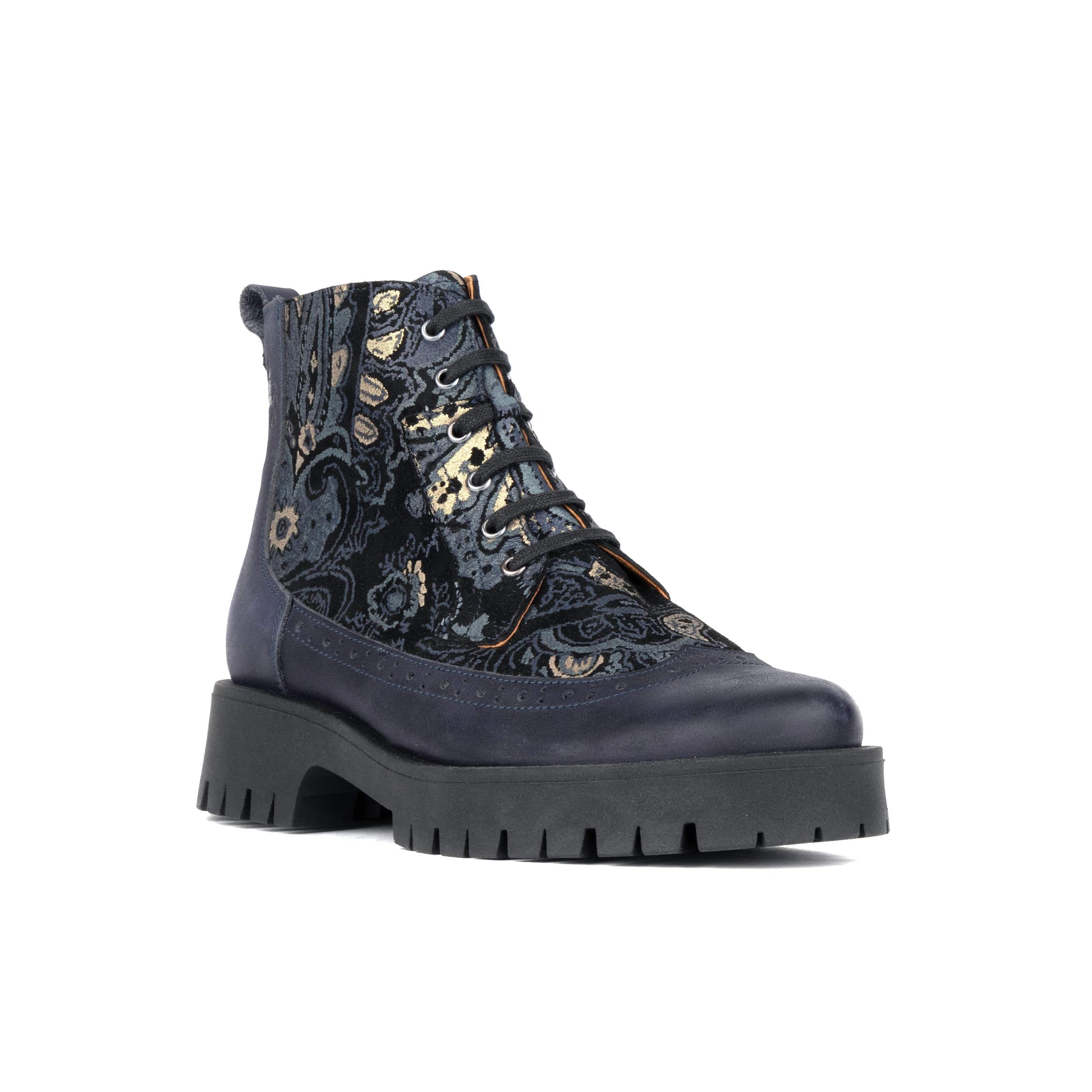 Hatter Platform - Matt Blue & Grey & Gold - Women's Leather ankle Lace-up Boot with chunky cleated sole