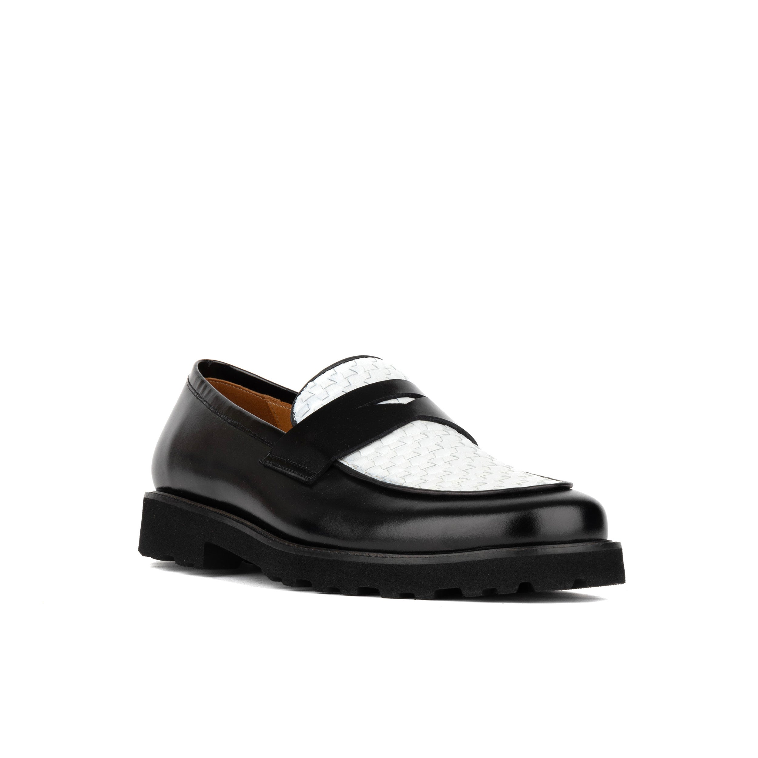 Sunkin - Black & White - Men's leather woven slip-on loafer