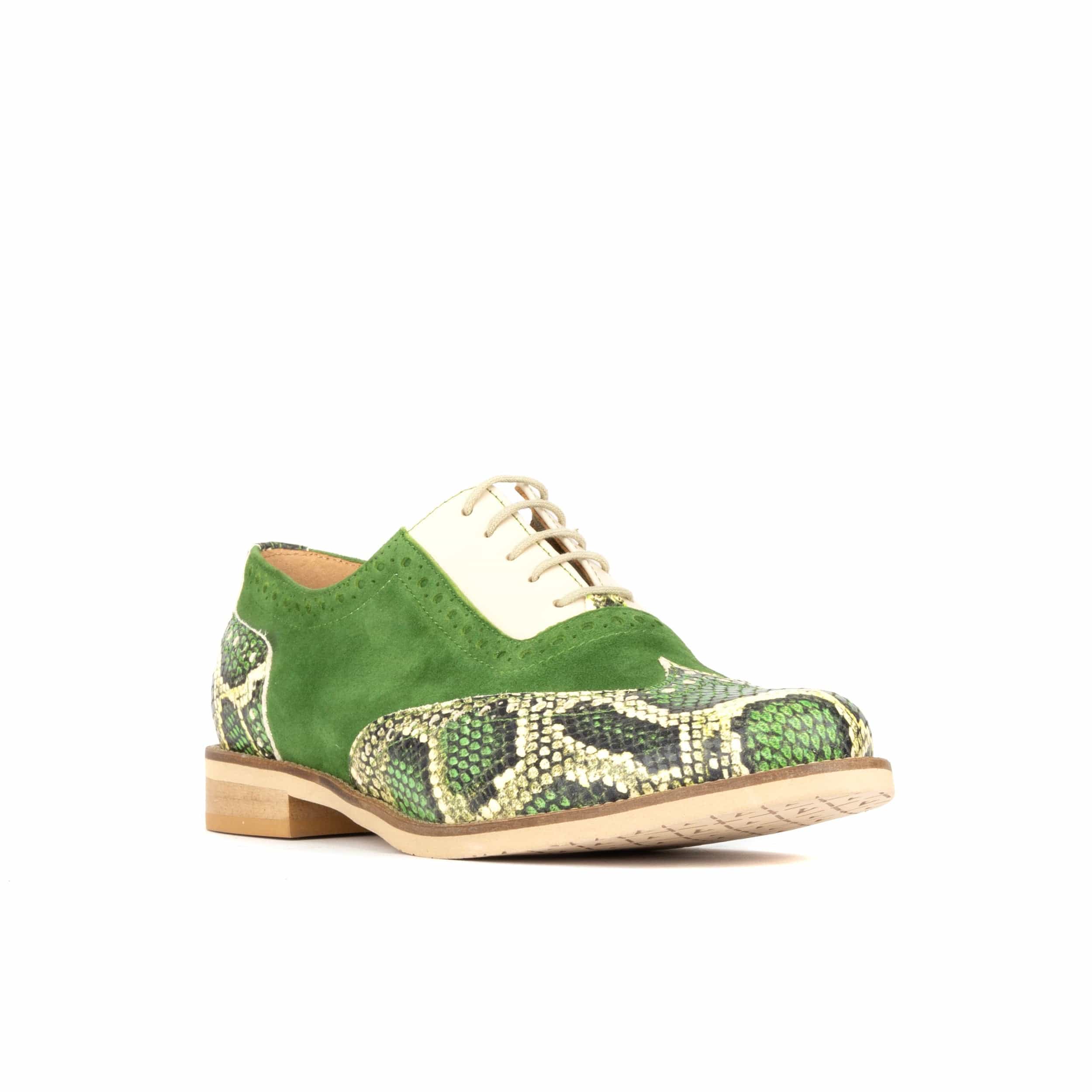 Vivienne - Green Snake - Women's oxford lace-up shoe with brogue details